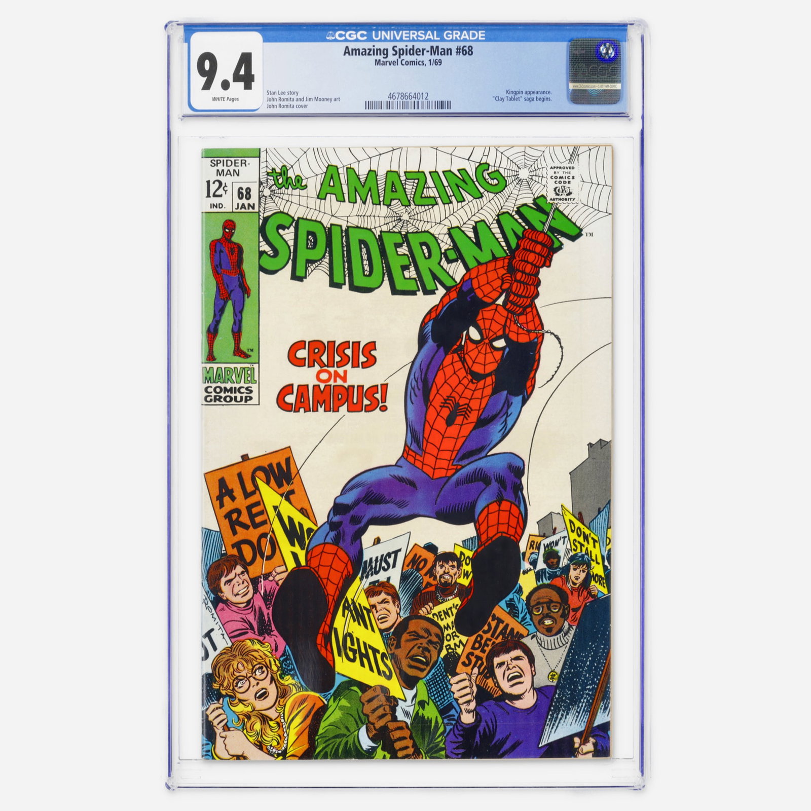 Marvel Comics Amazing Spider-Man #68 CGC 9.4: Marvel Comics Amazing Spider-Man #68 CGC 9.4 USA, 1969 A Silver Age classic where the Kingpin appears and the Clay Tablet saga begins. Stan Lee, John Romita, and Jim Mooney provide the story and art f