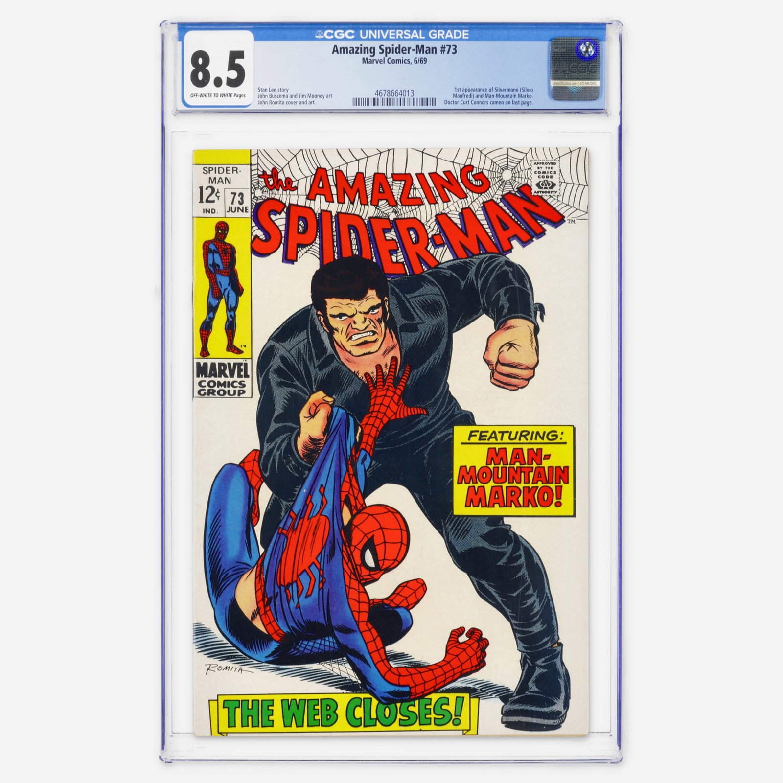 Marvel Comics Amazing Spider-Man #73 CGC 8.5: Marvel Comics Amazing Spider-Man #73 CGC 8.5 USA, 1969 This Silver Age key features the first appearance of Silvermane and Man-Mountain Marko, plus a Doctor Curt Connors cameo. It boasts art by John B