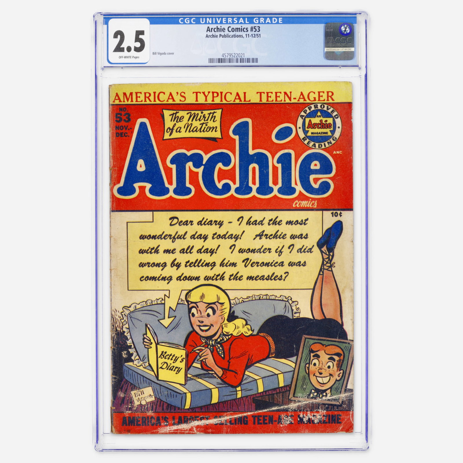 Archie Publications Archie Comics #53 CGC 2.5: Archie Publications Archie Comics #53 CGC 2.5 USA, 1951 This Golden Age Archie issue features a cover by Bill Vigoda. It represents a classic era of teen humor during the early 1950s. CGC#: 4579522