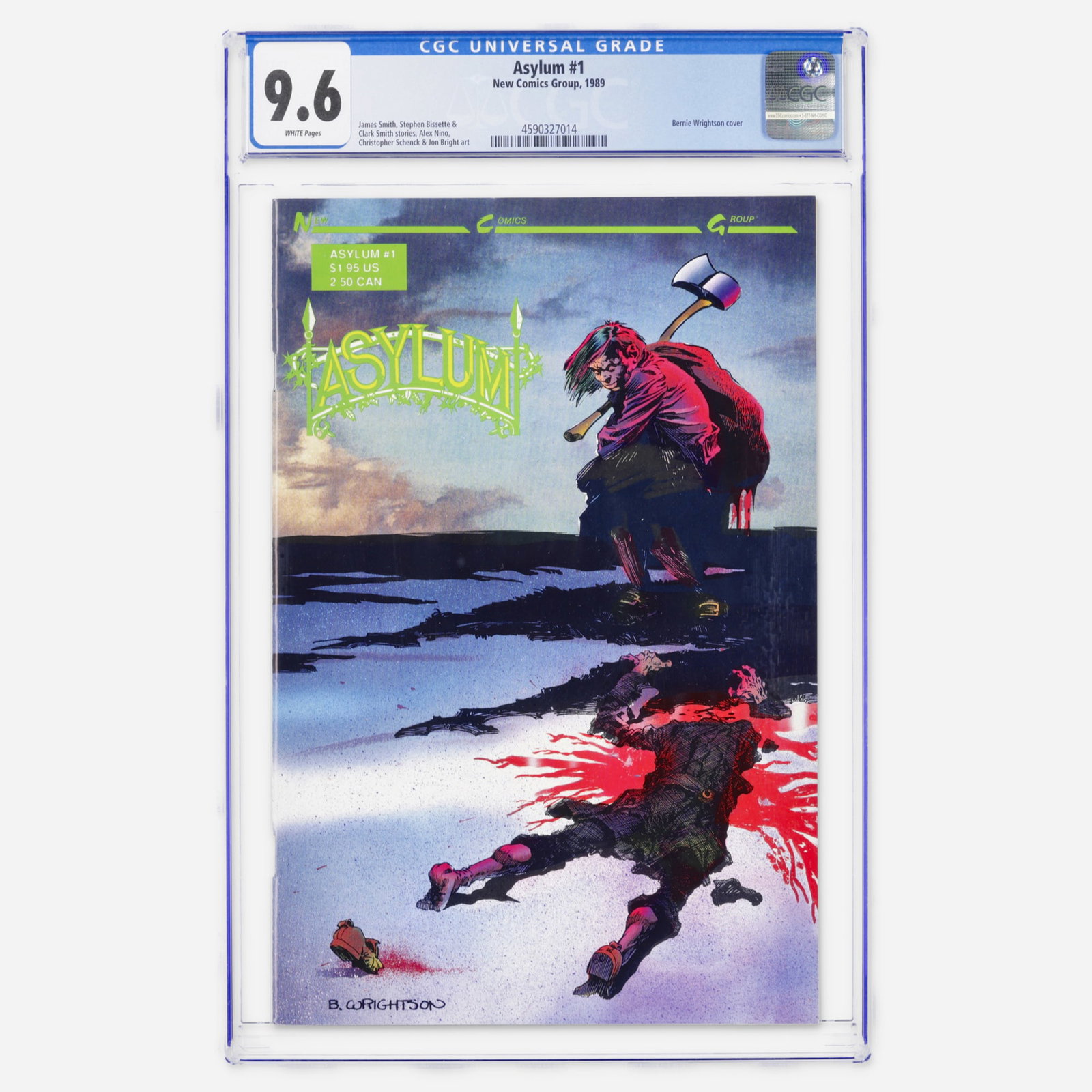 New Comics Group Asylum #1 CGC 9.6: New Comics Group Asylum #1 CGC 9.6 USA, 1989 This Modern Age horror anthology features a Bernie Wrightson cover. Stories are by James Smith, Stephen Bissette, and Clark Smith, with art by Alex Nino an