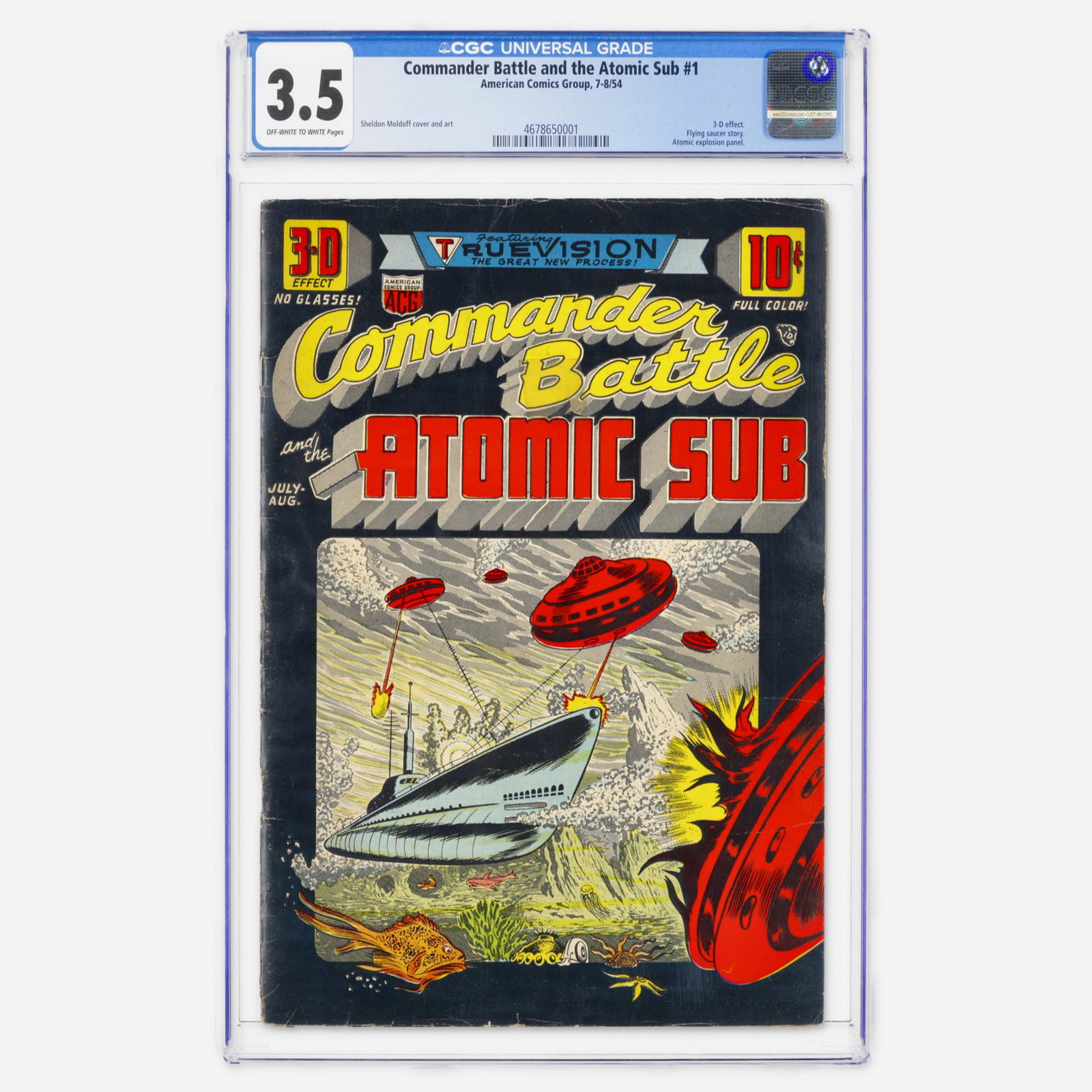 American Comics Group Commander Battle and the Atomic Sub #1 CGC 3.5: American Comics Group Commander Battle and the Atomic Sub #1 CGC 3.5 USA, 1954 A Golden Age sci-fi rarity featuring a 3-D effect, a flying saucer story, and a notable atomic explosion panel. The issue