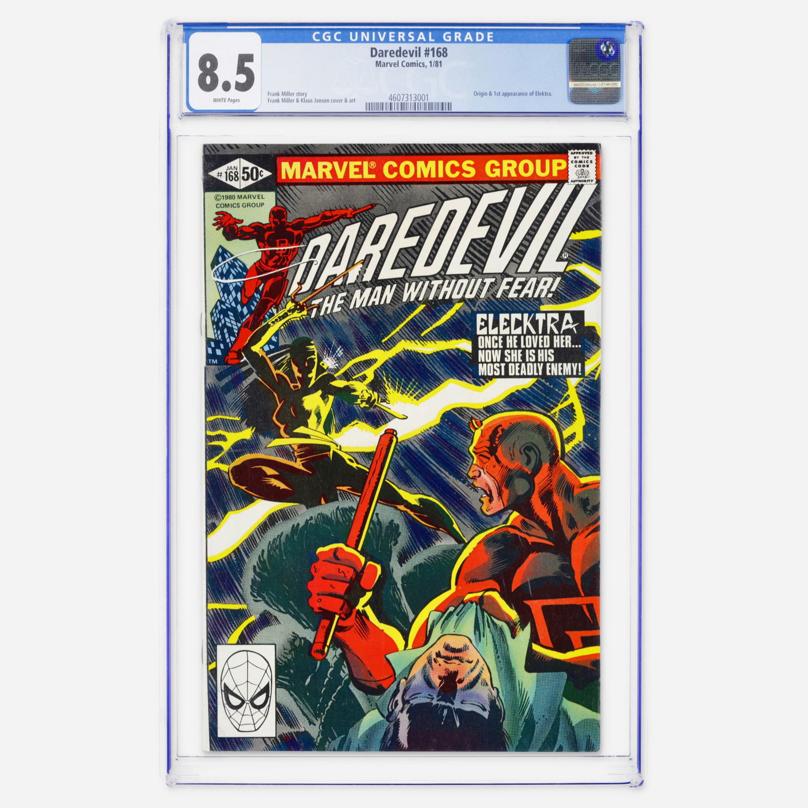 Marvel Comics Daredevil #168 CGC 8.5: Marvel Comics Daredevil #168 CGC 8.5 USA, 1981 An essential Bronze Age key featuring the origin and first appearance of Elektra. This issue marked a turning point for the series under the direction of