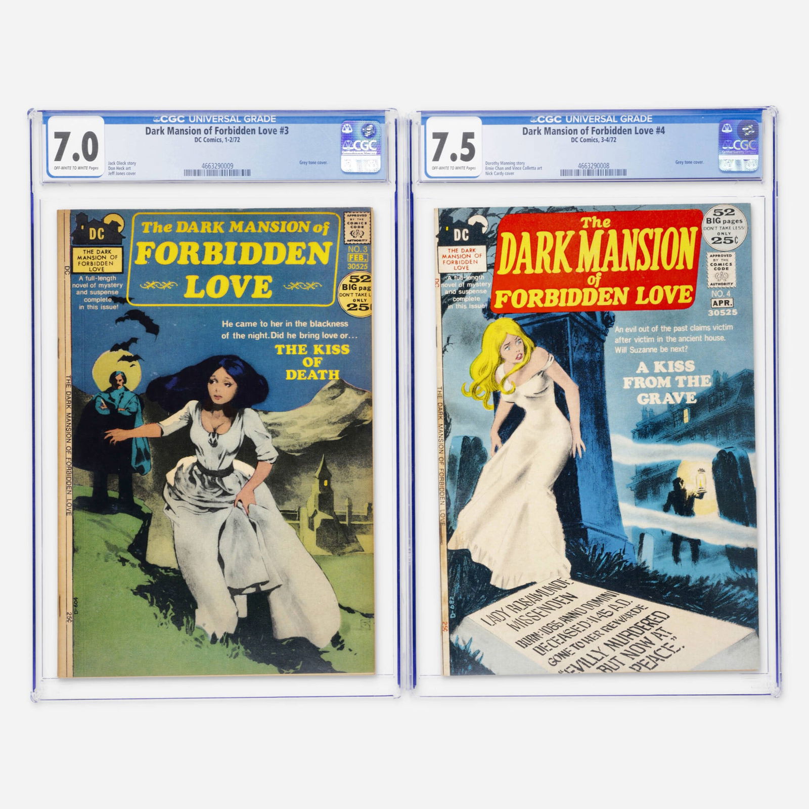 2 DC Comics Dark Mansion of Forbidden Love #3 and #4 CGC Group: 2 DC Comics Dark Mansion of Forbidden Love #3 and #4 CGC Group USA, 1972 DC Comics Dark Mansion of Forbidden Love #3 CGC 7.0 (1-2/72) CGC#: 4663290009Population: 9 in