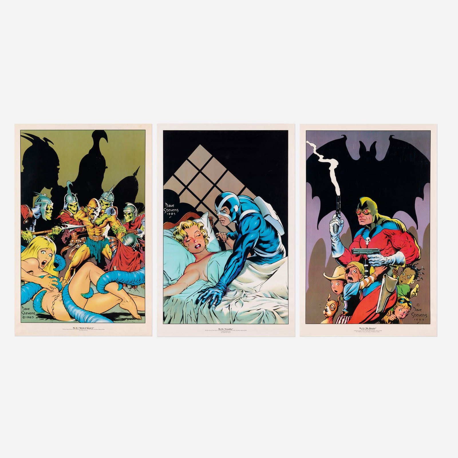 Dave Stevens, Group of 3 Dave Stevens Posters (Eclipse Comics, 1986): Dave Stevens Group of 3 Dave Stevens Posters (Eclipse Comics, 1986) poster 33 h x 22 w in (84 x 56 cm) Condition Notes: Posters are in overall very good condition