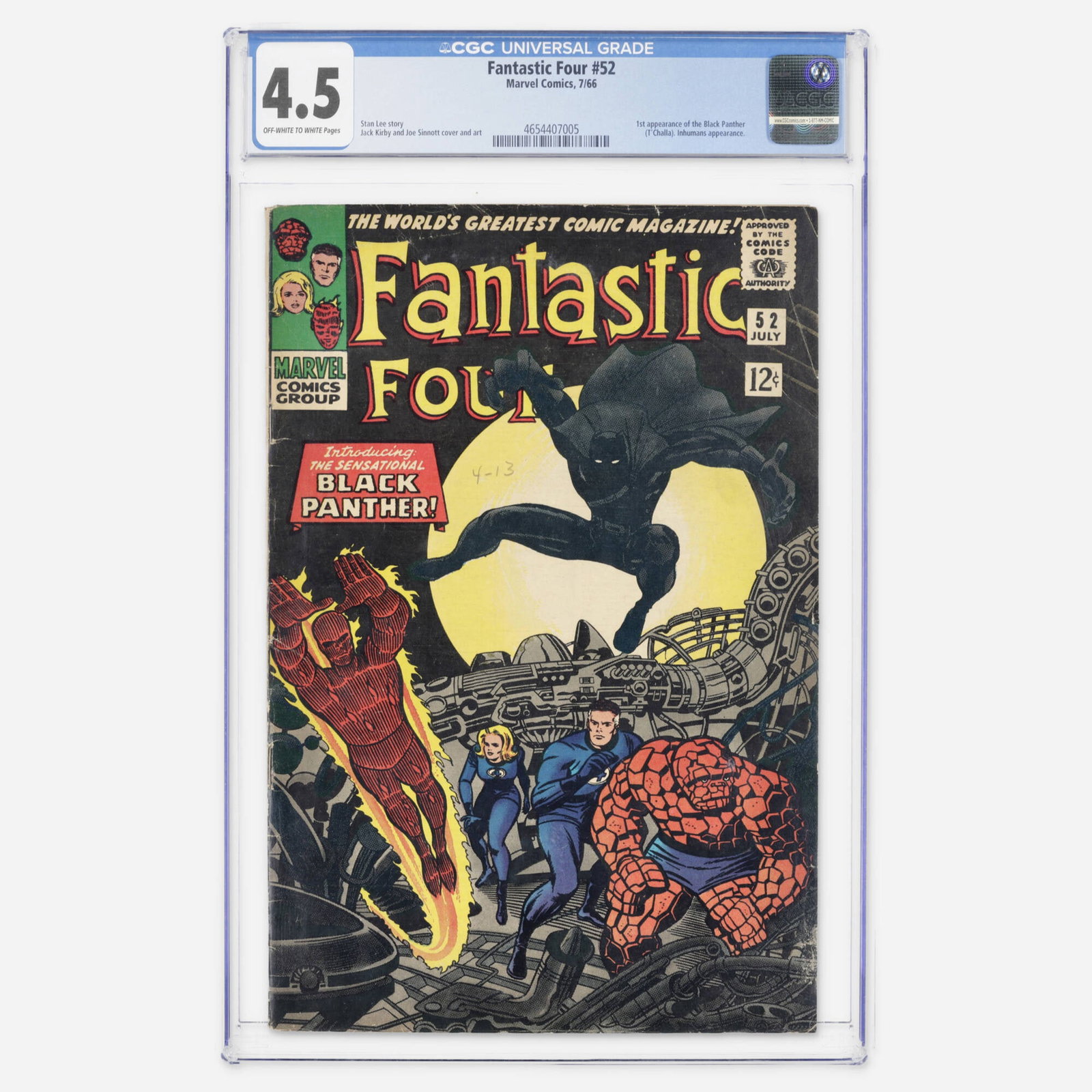 Marvel Comics Fantastic Four #52 CGC 4.5: Marvel Comics Fantastic Four #52 CGC 4.5 USA, 1966 An essential Silver Age issue featuring the first appearance of the Black Panther (T'Challa). The story also includes an Inhumans appearance with leg
