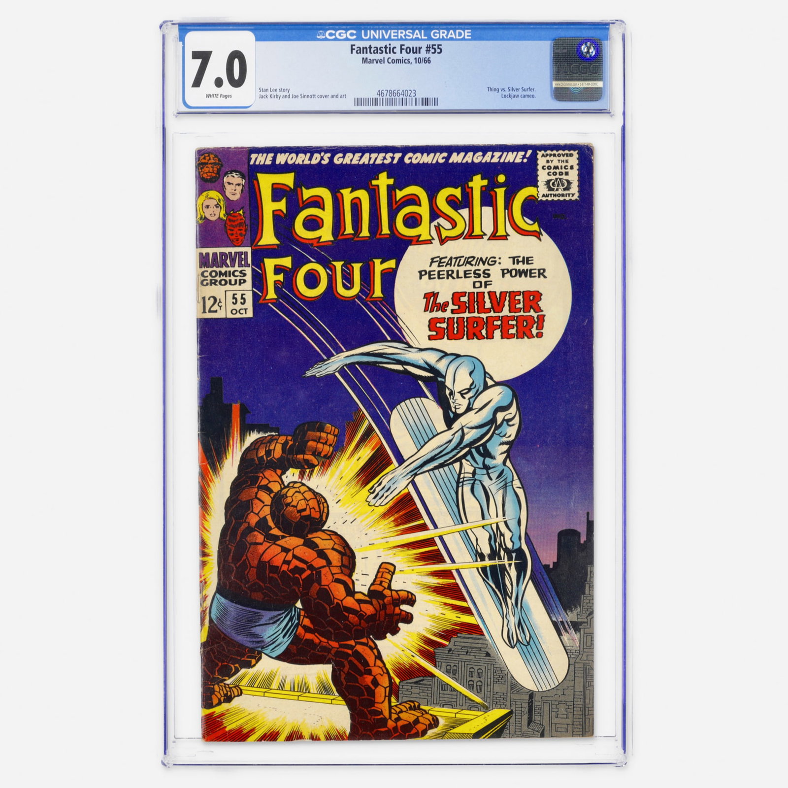 Marvel Comics Fantastic Four #55 CGC 7.0: Marvel Comics Fantastic Four #55 CGC 7.0 USA, 1966 Featured in the Silver Age, this book highlights the monumental clash of the Thing vs. Silver Surfer. Interior art and cover are provided by the mast