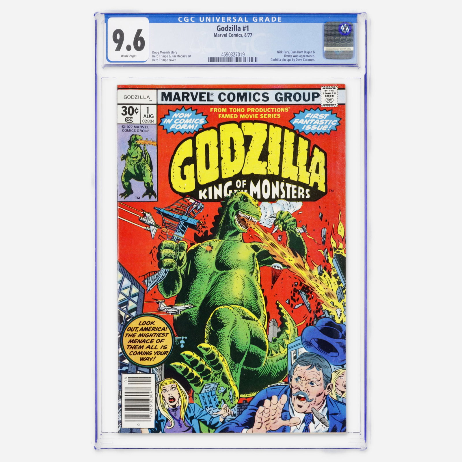 Marvel Comics Godzilla #1 CGC 9.6: Marvel Comics Godzilla #1 CGC 9.6 USA, 1977 Marvel's Bronze Age debut of the King of Monsters features appearances by Nick Fury, Dum Dum Dugan, and Jimmy Woo, this issue is written by Doug Moench with
