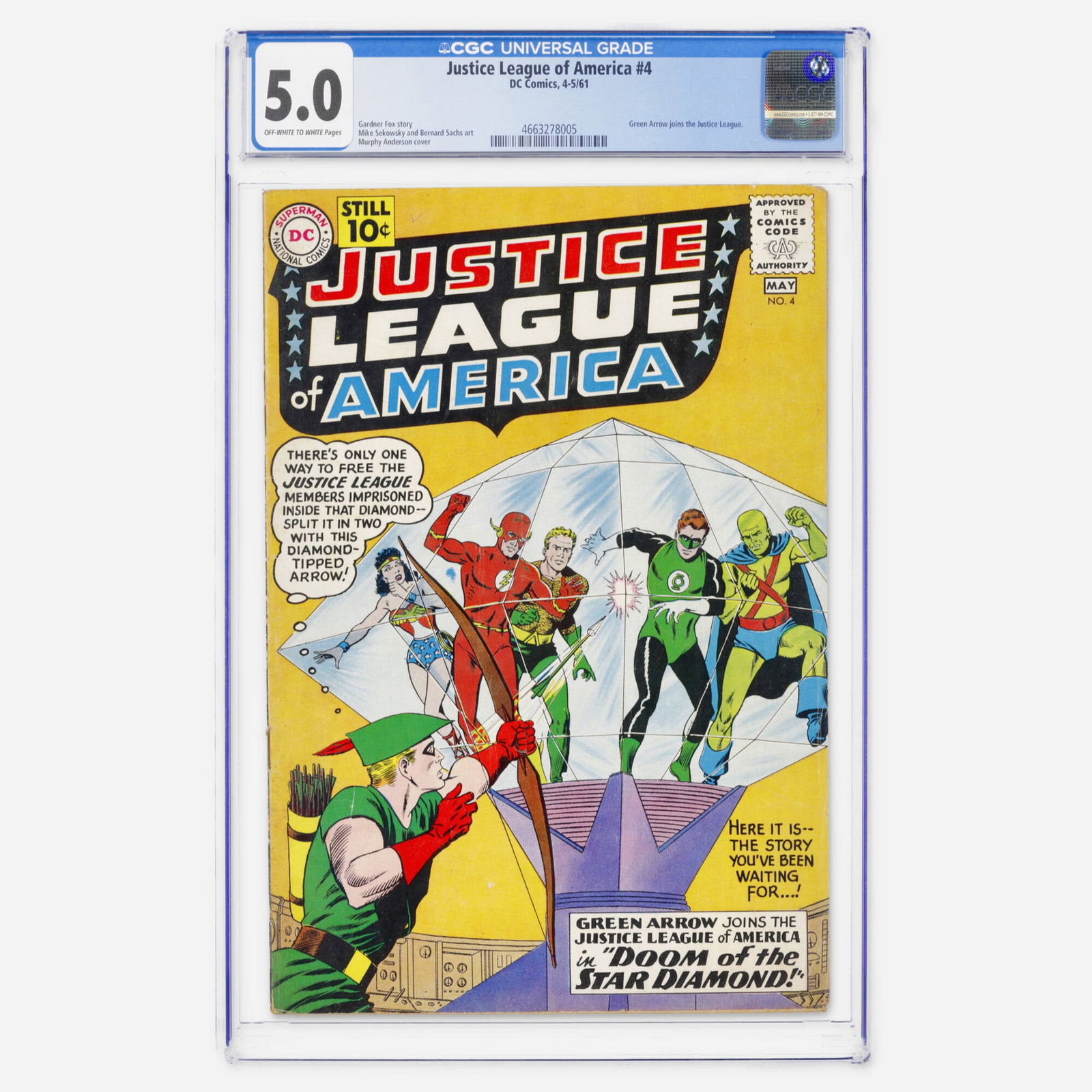 DC Comics Justice League of America #4 CGC 5.0: DC Comics Justice League of America #4 CGC 5.0 USA, 1961 Important Silver Age milestone where Green Arrow joins the Justice League, with story by Gardner Fox and art by Sekowsky and Sachs. CGC#: 46