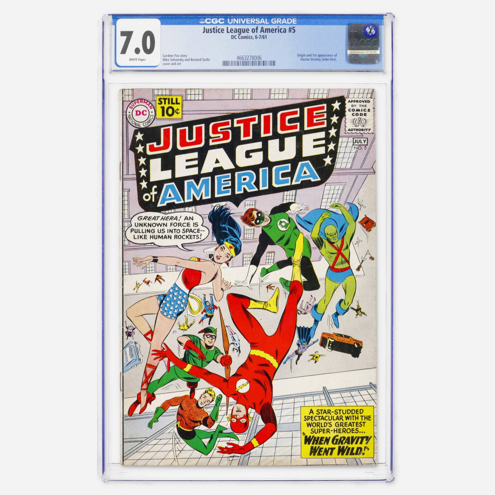 DC Comics Justice League of America #5 CGC 7.0: DC Comics Justice League of America #5 CGC 7.0 USA, 1961 Essential Silver Age key containing the origin and first appearance of Doctor Destiny (John Dee). The art and cover is by the team of Mike Seko
