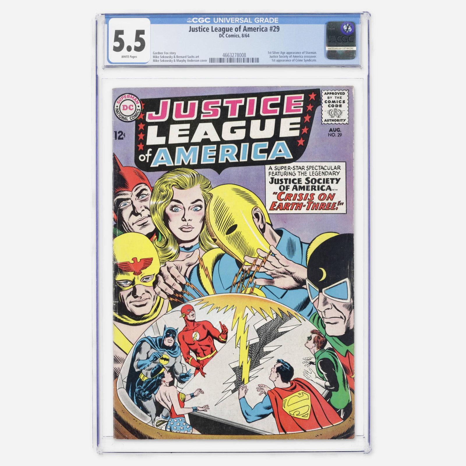 DC Comics Justice League of America #29 CGC 5.5: DC Comics Justice League of America #29 CGC 5.5 USA, 1964 Significant Silver Age crossover with the Justice Society of America featuring the first appearance of the Crime Syndicate and the first Silve