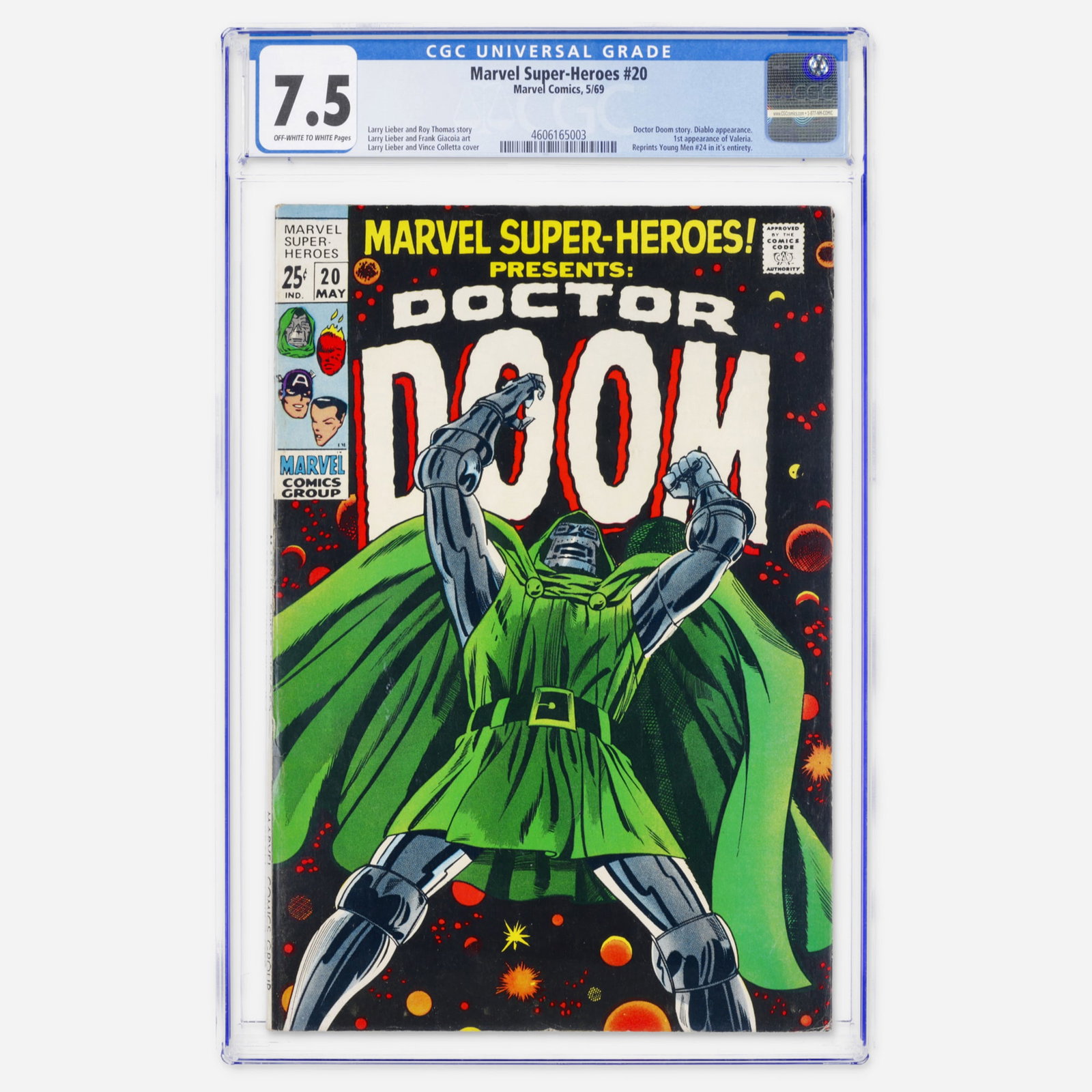 Marvel Comics Marvel Super-Heroes #20 CGC 7.5: Marvel Comics Marvel Super-Heroes #20 CGC 7.5 USA, 1969 A Silver Age key featuring a Doctor Doom story and the first appearance of Valeria. Is is written by Larry Lieber and Roy Thomas with art by Lie