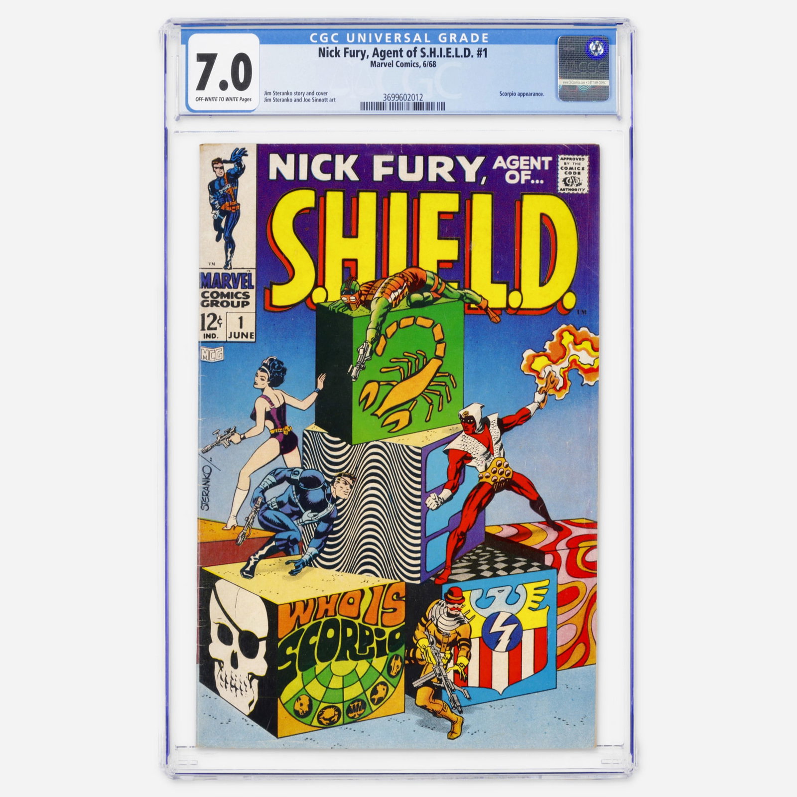 Marvel Comics Nick Fury, Agent of S.H.I.E.L.D. #1 CGC 7.0: Marvel Comics Nick Fury, Agent of S.H.I.E.L.D. #1 CGC 7.0 USA, 1968 A Silver Age classic with a story and iconic cover by Jim Steranko. This premier issue features an appearance by Scorpio and interio