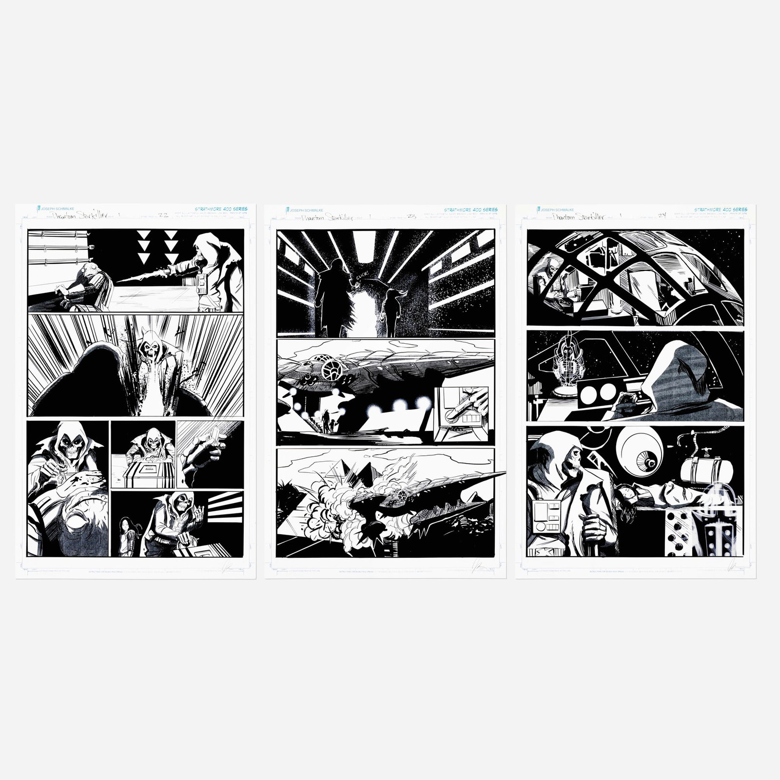Joseph Schmalke, Phantom Starkiller #1 Story Pages 22, 23, and 24 Artist Proofs (Scout Comics, 2020): Joseph Schmalke Phantom Starkiller #1 Story Pages 22, 23, and 24 Artist Proofs (Scout Comics, 2020) Artist Proof on Cardstock 17 h x 11 w in (43 x 28 cm) Condition Notes: Proofs are