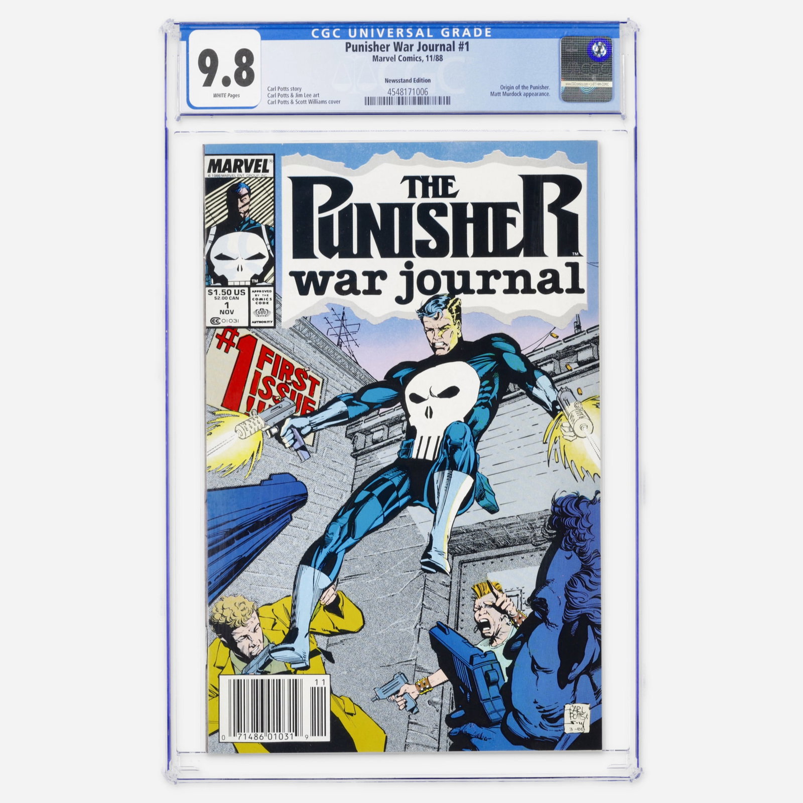 Marvel Comics Punisher War Journal #1 CGC 9.8 Newsstand: Marvel Comics Punisher War Journal #1 CGC 9.8 Newsstand USA, 1988 This Modern Age premier issue features the origin of the Punisher and an appearance by Matt Murdock. It features early, fan-favorite a
