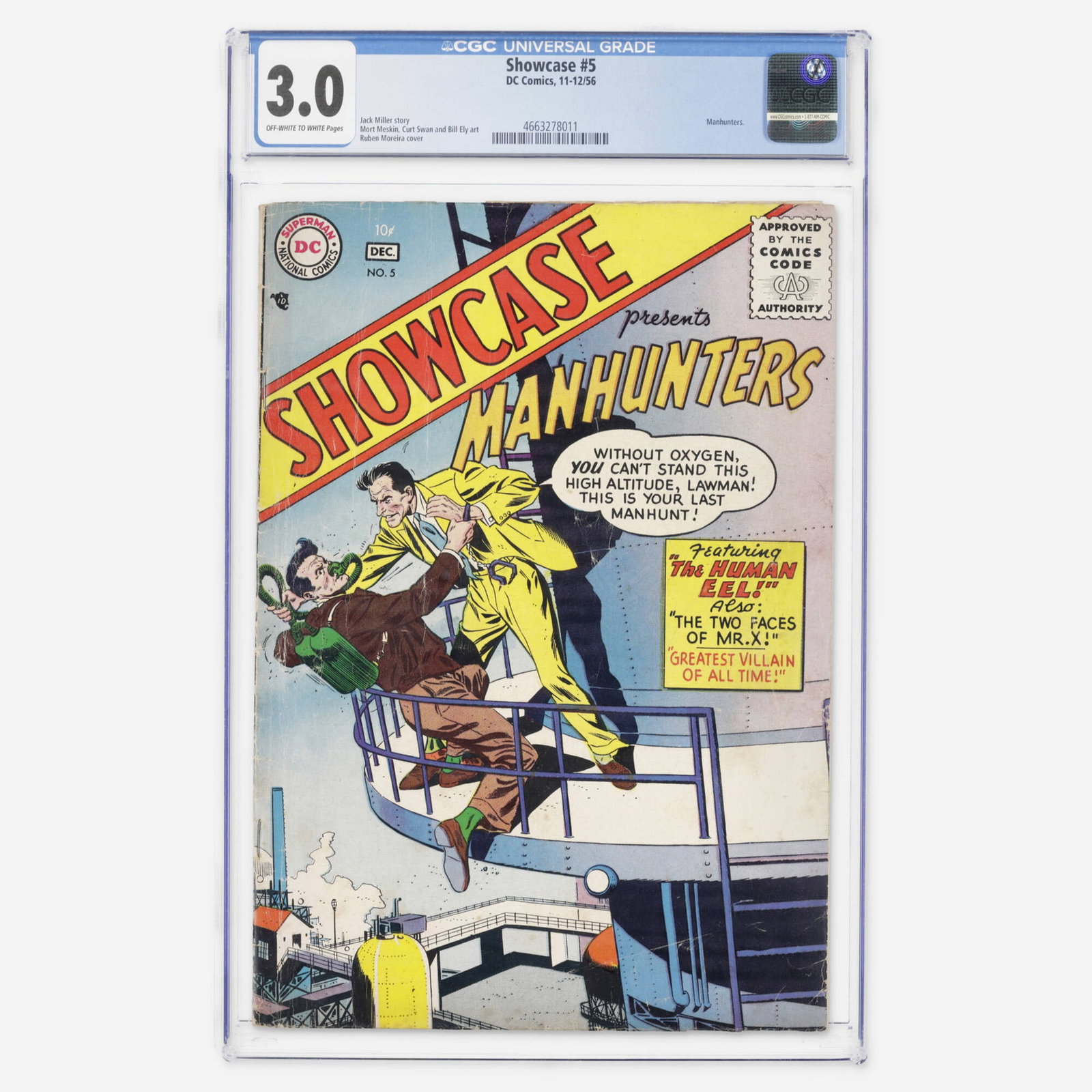 DC Comics Showcase #5 CGC 3.0: DC Comics Showcase #5 CGC 3.0 USA, 1956 An early Silver Age key featuring the Manhunters. The issue features art by Mort Meskin, Curt Swan, and Bill Ely, with a cover by Ruben Moreira. CGC#: 466327