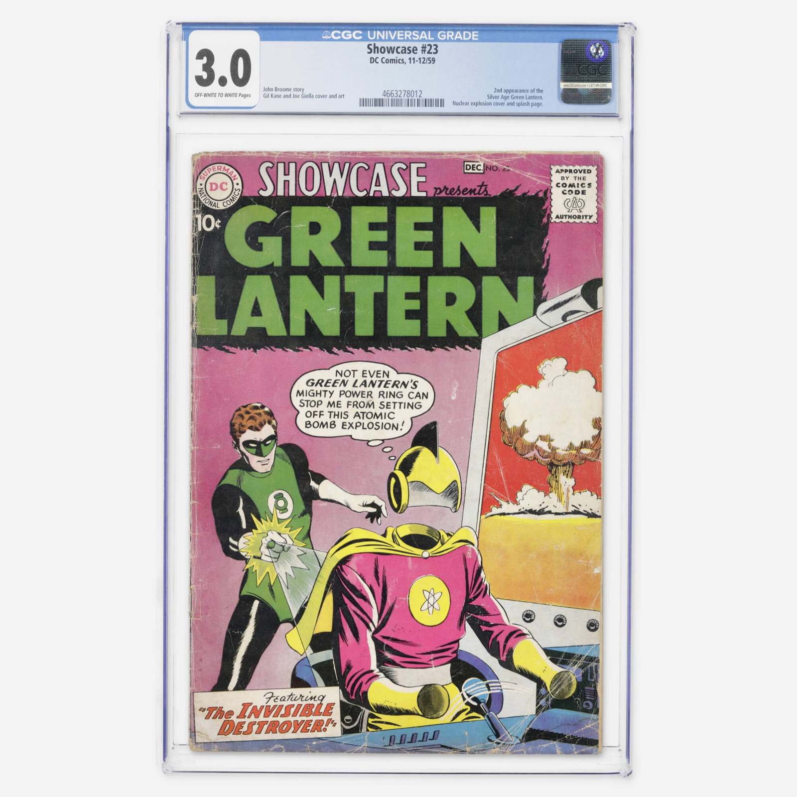 DC Comics Showcase #23 CGC 3.0: DC Comics Showcase #23 CGC 3.0 USA, 1959 A historic Silver Age issue featuring the second appearance of the Silver Age Green Lantern (Hal Jordan), it is written by John Broome with a famous nuclear ex
