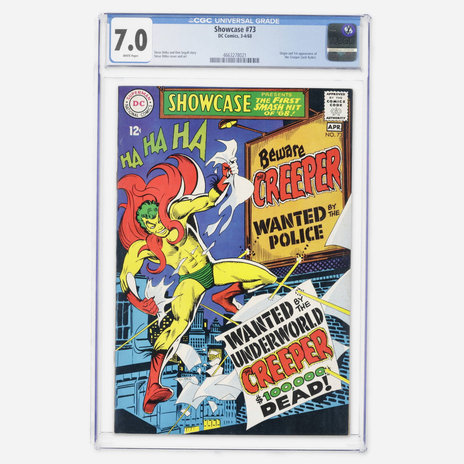 DC Comics Showcase #73 CGC 7.0: DC Comics Showcase #73 CGC 7.0 USA, 1968 A legendary Silver Age key featuring the origin and first appearance of the Creeper (Jack Ryder). This issue highlights the singular creative vision of Steve D