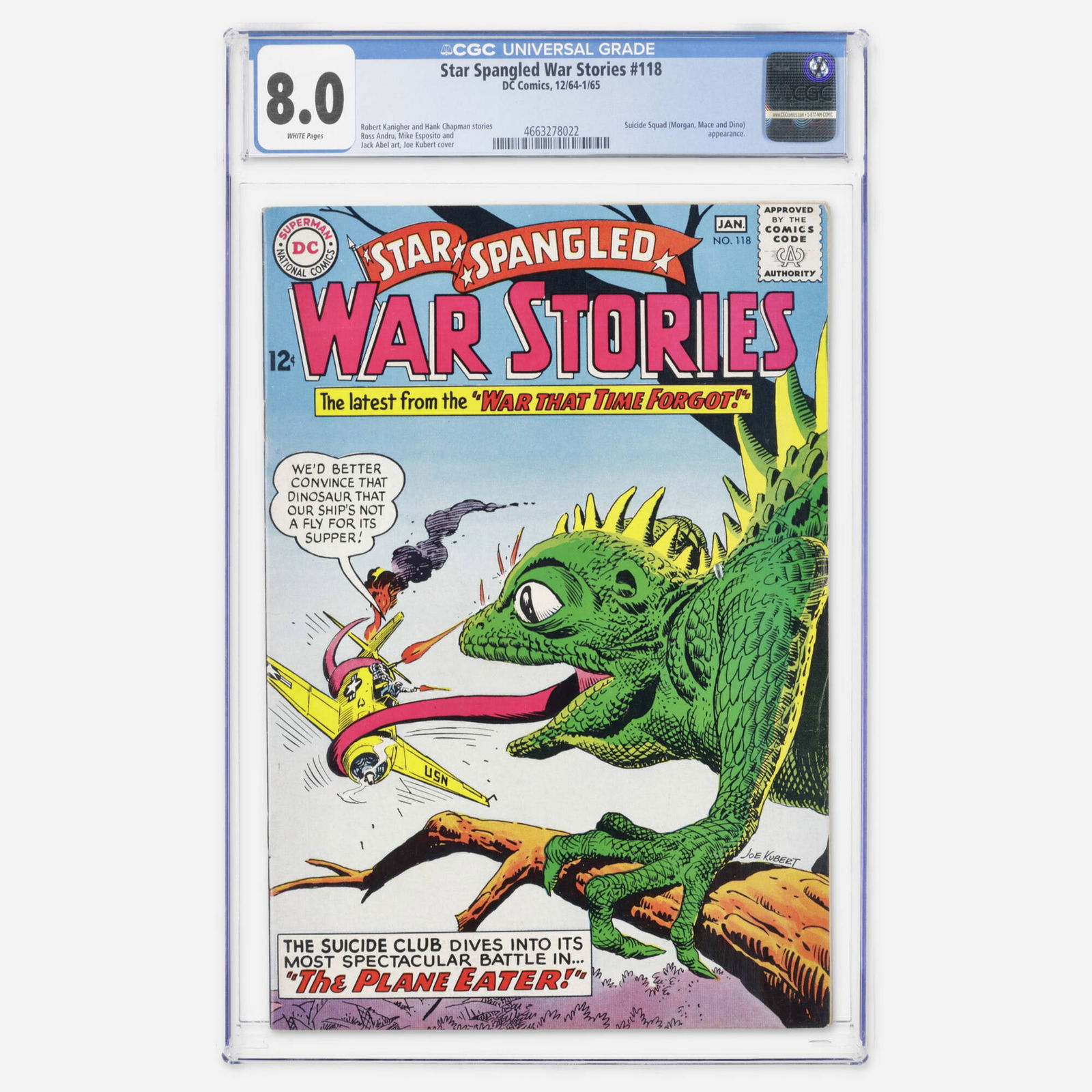 DC Comics Star Spangled War Stories #118 CGC 8.0: DC Comics Star Spangled War Stories #118 CGC 8.0 USA, 1965 This Silver Age war issue features an appearance by the Suicide Squad (Morgan, Mace, and Dino). It boasts a cover by Joe Kubert and art by Ro
