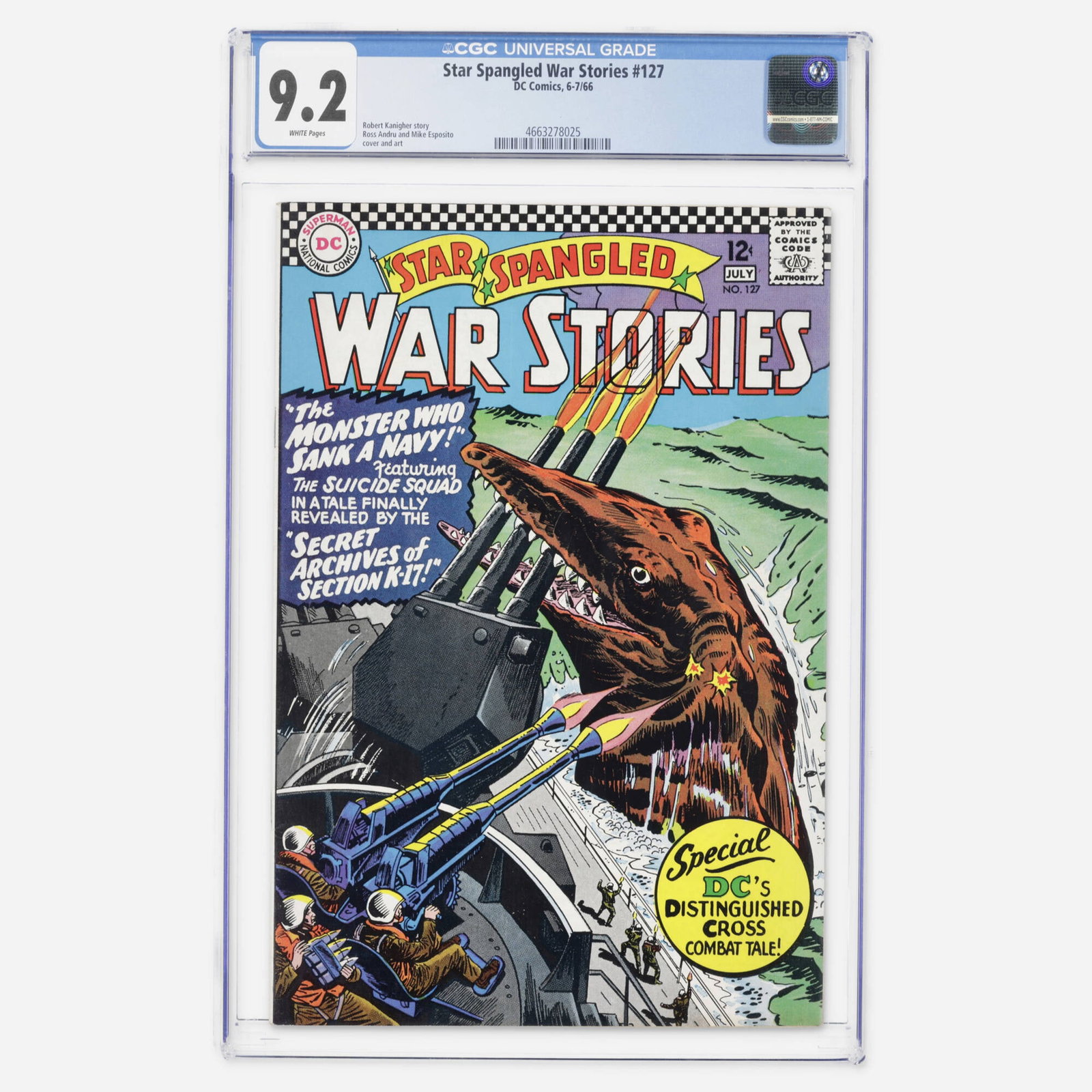 DC Comics Star Spangled War Stories #127 CGC 9.2: DC Comics Star Spangled War Stories #127 CGC 9.2 USA, 1966 A sharp Silver Age copy featuring a story by Robert Kanigher with cover and interior art by Ross Andru and Mike Esposito. CGC#: 4663278025