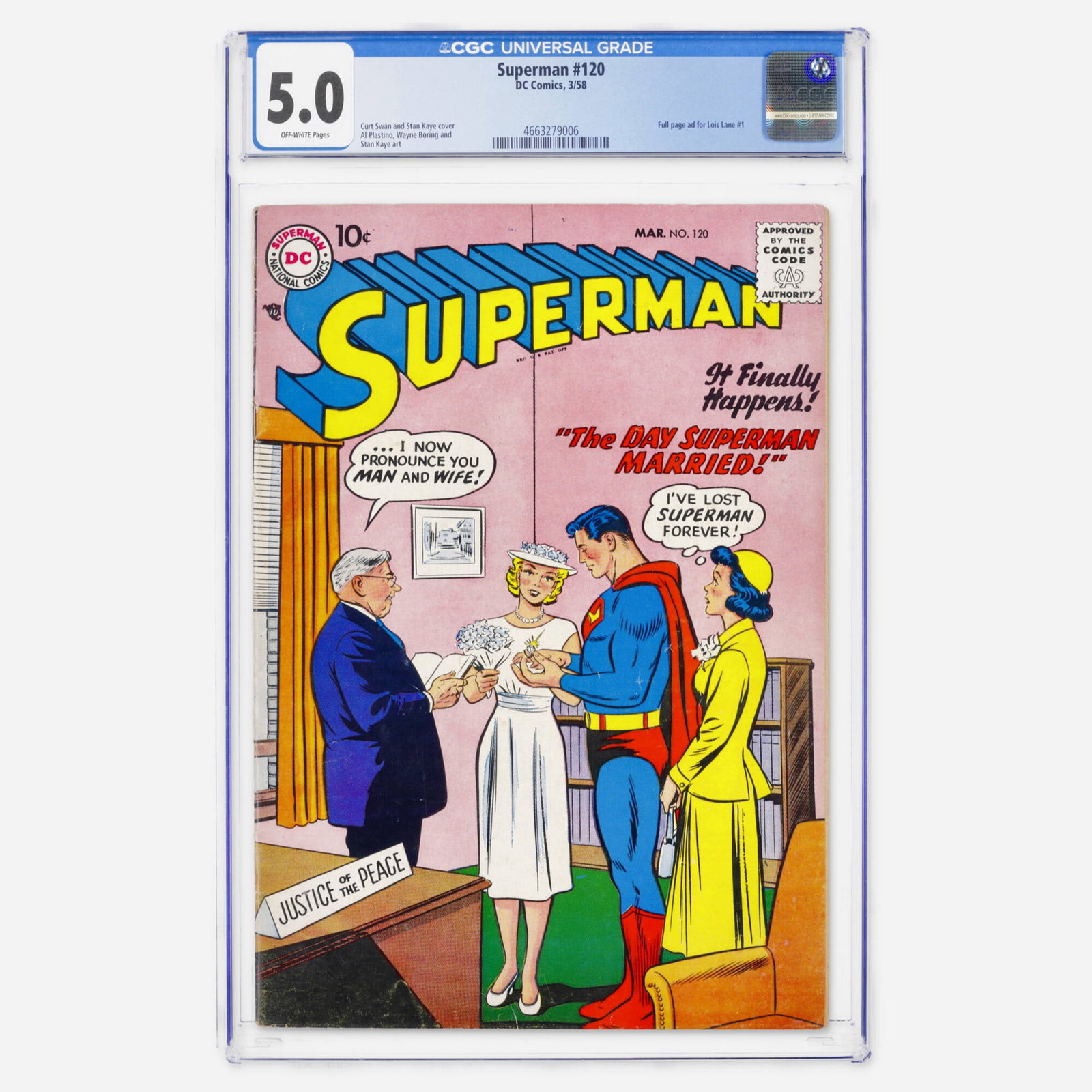 DC Comics Superman #120 CGC 5.0: DC Comics Superman #120 CGC 5.0 USA, 1958 This Silver Age issue contains a historic full-page ad for Lois Lane #1, with at by Al Plastino, Wayne Boring, and Curt Swan. CGC#: 4663279006
