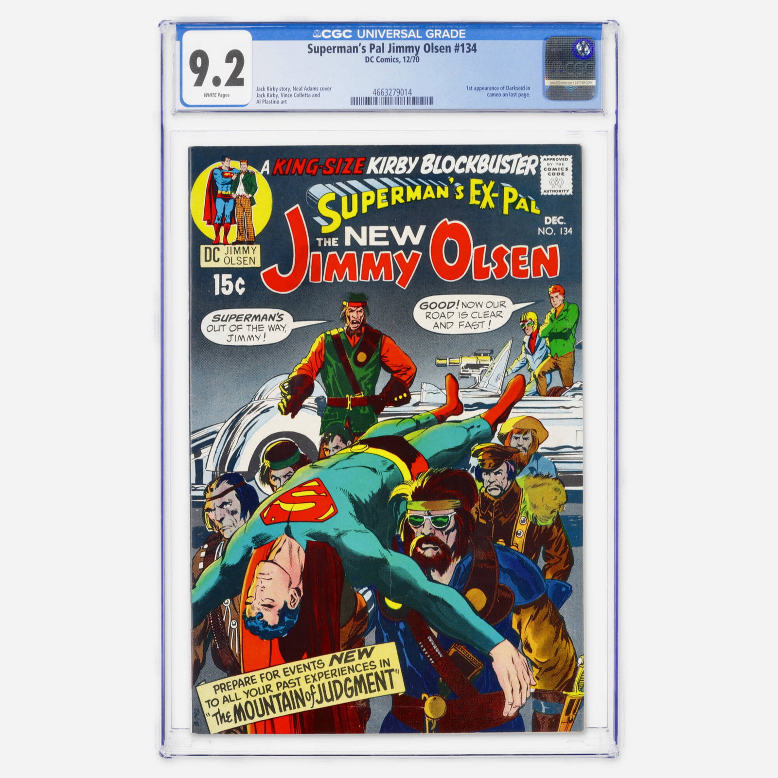 DC Comics Superman's Pal Jimmy Olsen #134 CGC 9.2: DC Comics Superman's Pal Jimmy Olsen #134 CGC 9.2 USA, 1970 A massive Bronze Age key featuring the first appearance of Darkseid (cameo), this issue was written and illustrated by Jack Kirby with a Nea