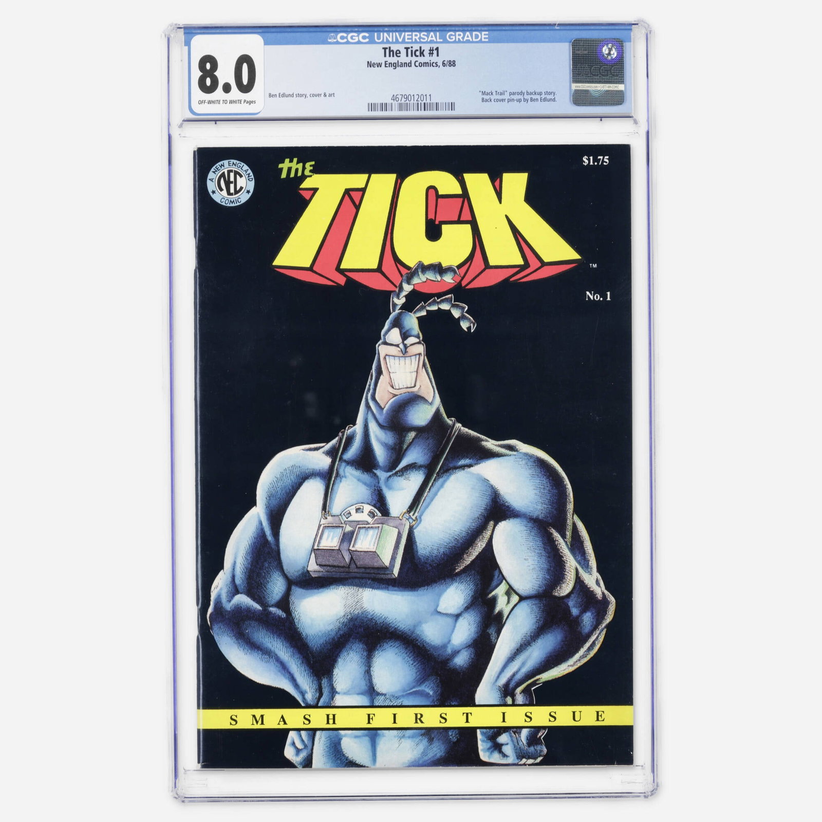 New England Comics The Tick #1 CGC 8.0: New England Comics The Tick #1 CGC 8.0 USA, 1988 The Modern Age debut of the cult-favorite character. It is written and illustrated by creator Ben Edlund, featuring the Mack Trail parody. CGC#: 467