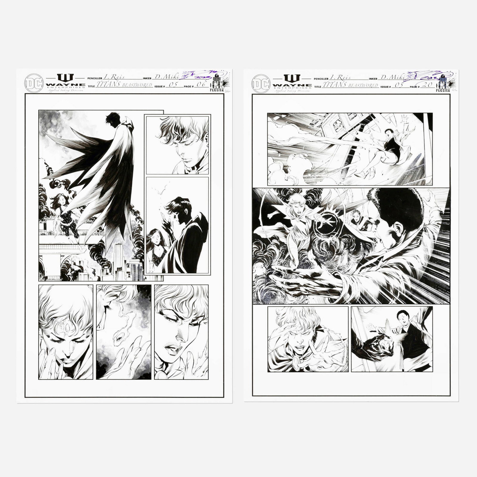 Ivan Reis and Danny Miki, Titans: Beastworld #5 Story Pages 6 and 20 Original Art (DC Comics, 2024): Ivan Reis and Danny Miki Titans: Beastworld #5 Story Pages 6 and 20 Original Art (DC Comics, 2024) blueline pencils and original inks on Bristol board 17 h x 11 w in (43 x 28 cm) Condition N