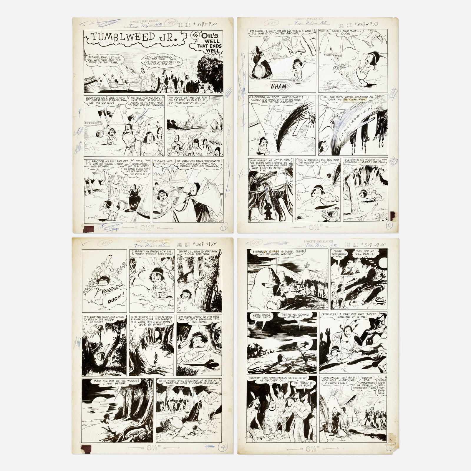 Carl Pfeufer, Tom Mix #33 Story Pages 12, 13, 14, and 15 Original Art: Carl Pfeufer Tom Mix #33 Story Pages 12, 13, 14, and 15 Original Art (Fawcett Publications, Inc, 1948) pencil and ink on Bristol board 20 h x 15 w in (51 x 38 cm) 4 page complete story of 'Tumblewee