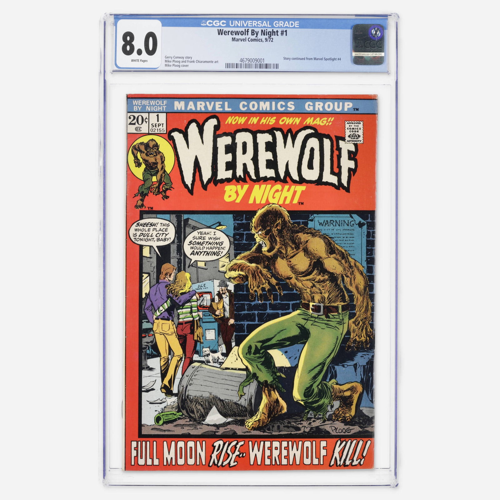 Marvel Comics Werewolf By Night #1 CGC 8.0: Marvel Comics Werewolf By Night #1 CGC 8.0 USA, 1972 A premier Bronze Age solo title debut following Marvel Spotlight #4, it was written by Gerry Conway with iconic art and cover by Mike Ploog. CGC#: