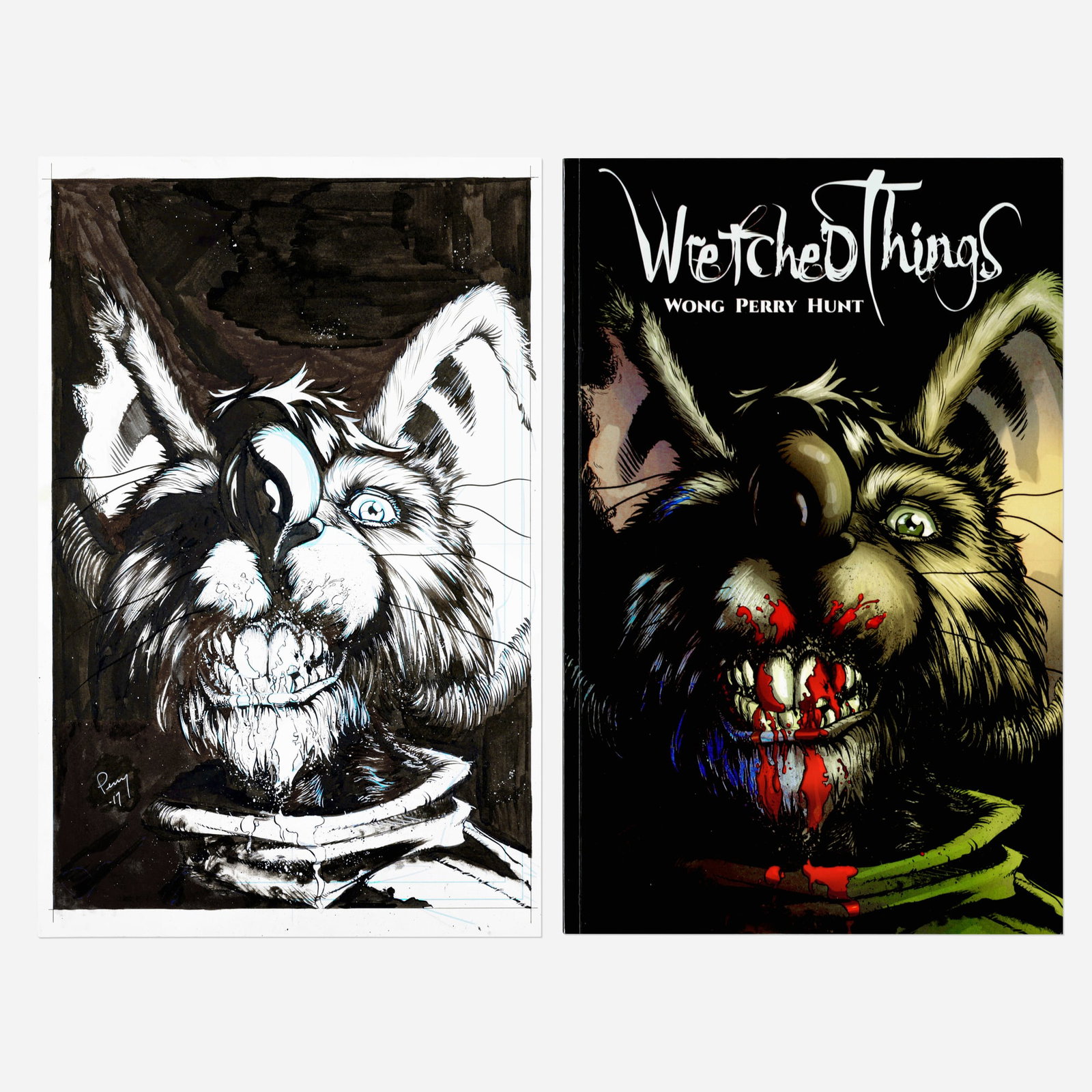 Ken Perry, Wretched Things Trade Paperback Cover Original Art (Source Point Press, 2018): Ken Perry Wretched Things Trade Paperback Cover Original Art (Source Point Press, 2018) blueline pencils and original inks on Bristol board 17 h x 11 w in (43 x 28 cm) Includes the trade paperback f