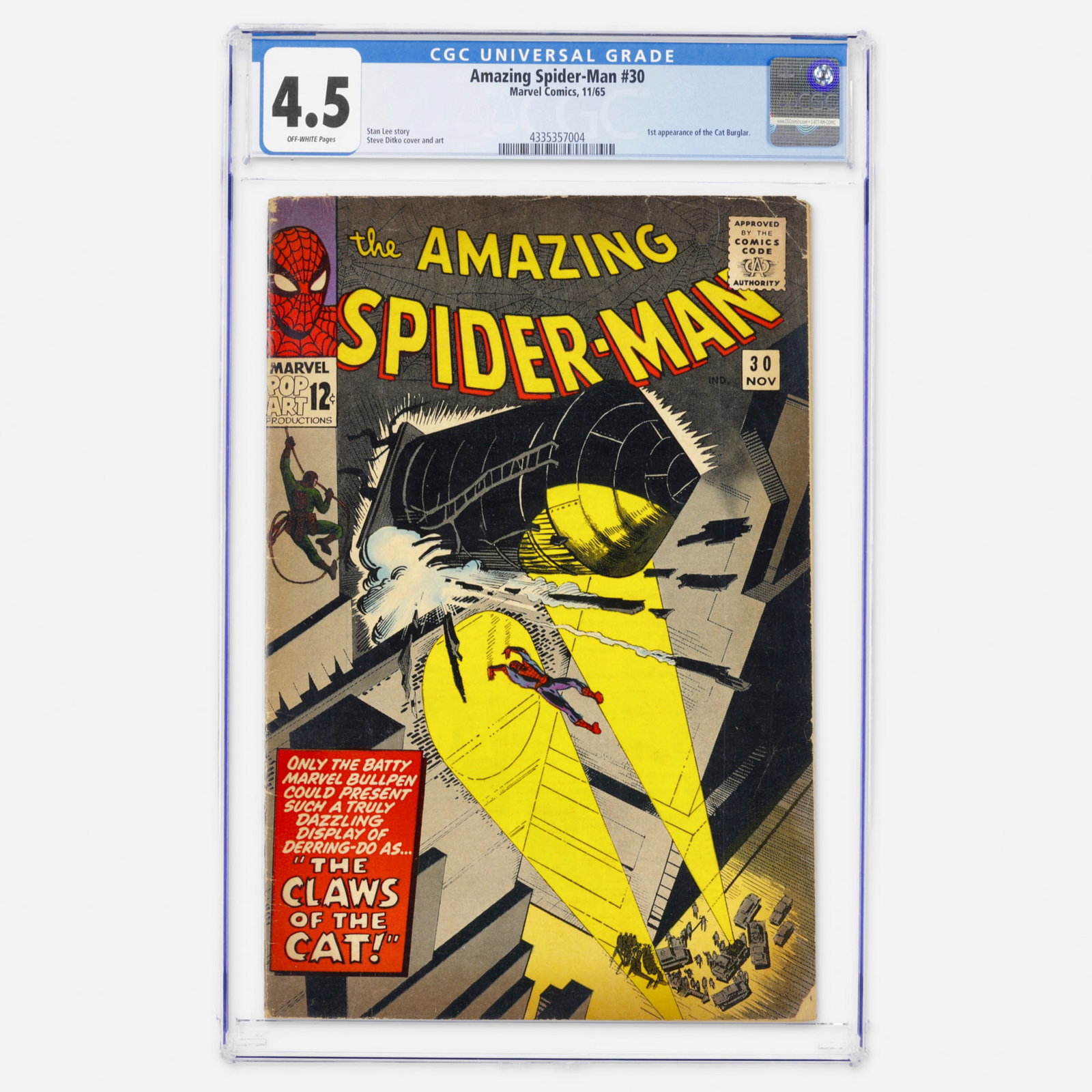 Marvel Comics Amazing Spider-Man #30 CGC 4.5: Marvel Comics Amazing Spider-Man #30 CGC 4.5 USA, 1965 This Silver Age classic marks the first appearance of the Cat Burglar. The story was written by Stan Lee with legendary artwork and cover by Stev