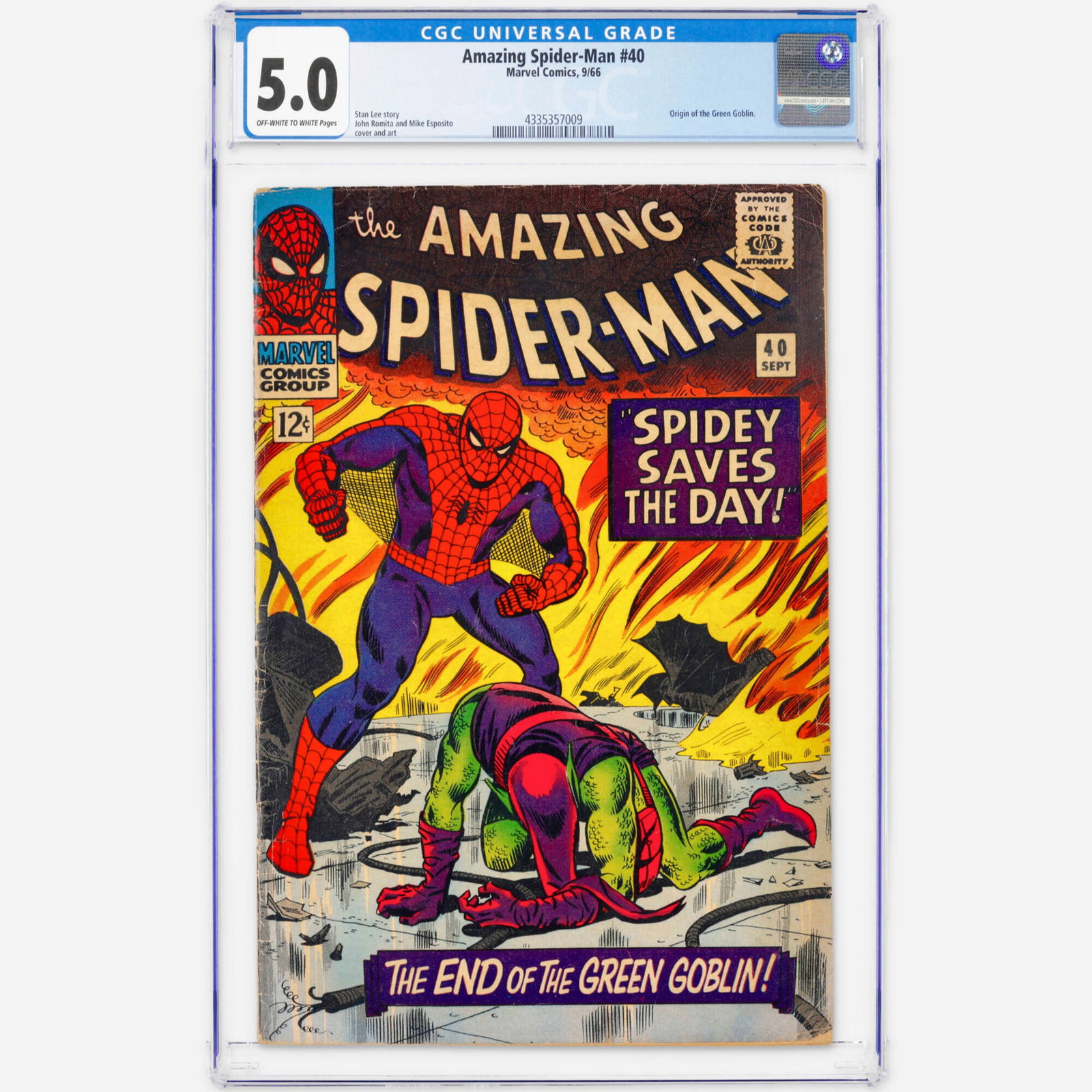Marvel Comics Amazing Spider-Man #40 CGC 5.0: Marvel Comics Amazing Spider-Man #40 CGC 5.0 USA, 1966 This Silver Age masterpiece reveals the origin of the Green Goblin. It features the creative powerhouse team of Stan Lee, John Romita, and Mike E