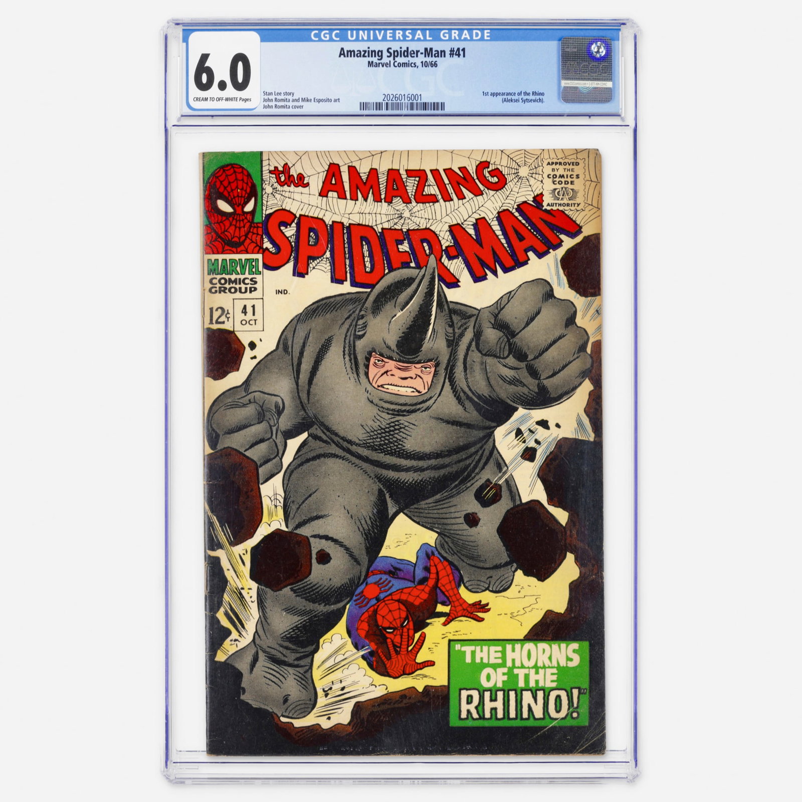 Marvel Comics Amazing Spider-Man #41 CGC 6.0: Marvel Comics Amazing Spider-Man #41 CGC 6.0 USA, 1966 This Silver Age key features the first appearance of the Rhino. The story is by Stan Lee with a classic cover and interior art by John Romita. CG