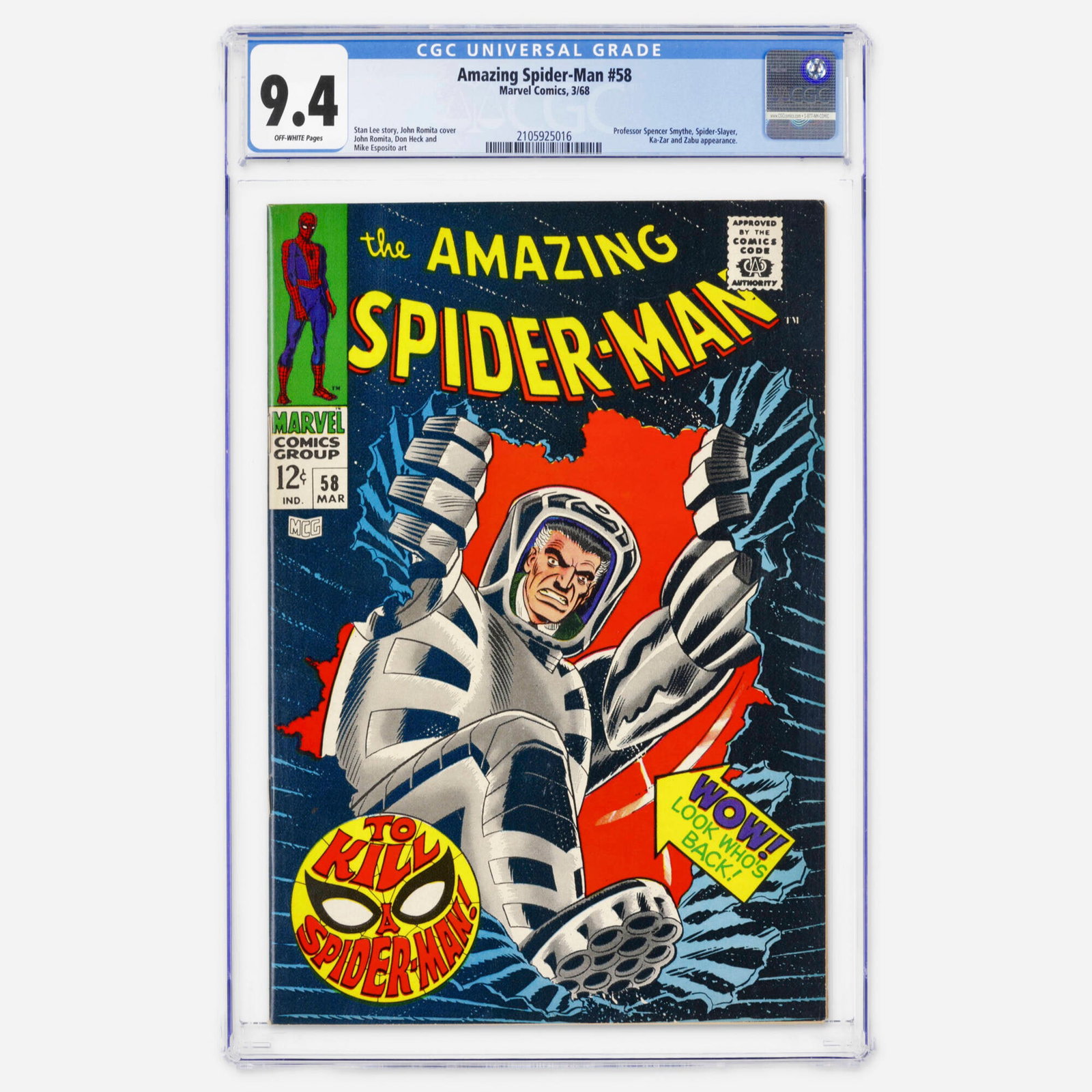 Marvel Comics Amazing Spider-Man #58 CGC 9.4: Marvel Comics Amazing Spider-Man #58 CGC 9.4 USA, 1968 A high-grade Silver Age copy featuring Professor Spencer Smythe, the Spider-Slayer, Ka-Zar, and Zabu. Art is handled by John Romita, Don Heck, an