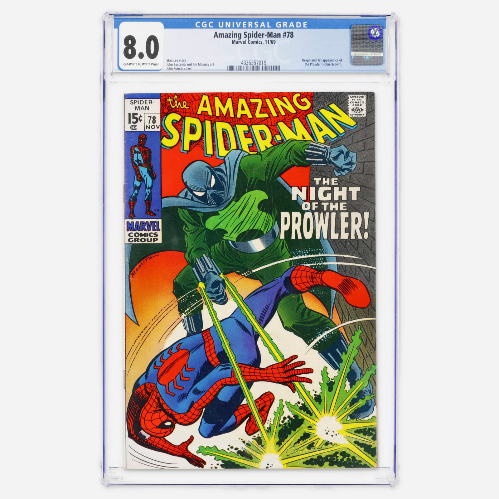 Marvel Comics Amazing Spider-Man #78 CGC 8.0: Marvel Comics Amazing Spider-Man #78 CGC 8.0 USA, 1969 This Silver Age key marks the origin and first appearance of the Prowler (Hobie Brown). Interior art is by John Buscema and Jim Mooney with a cov