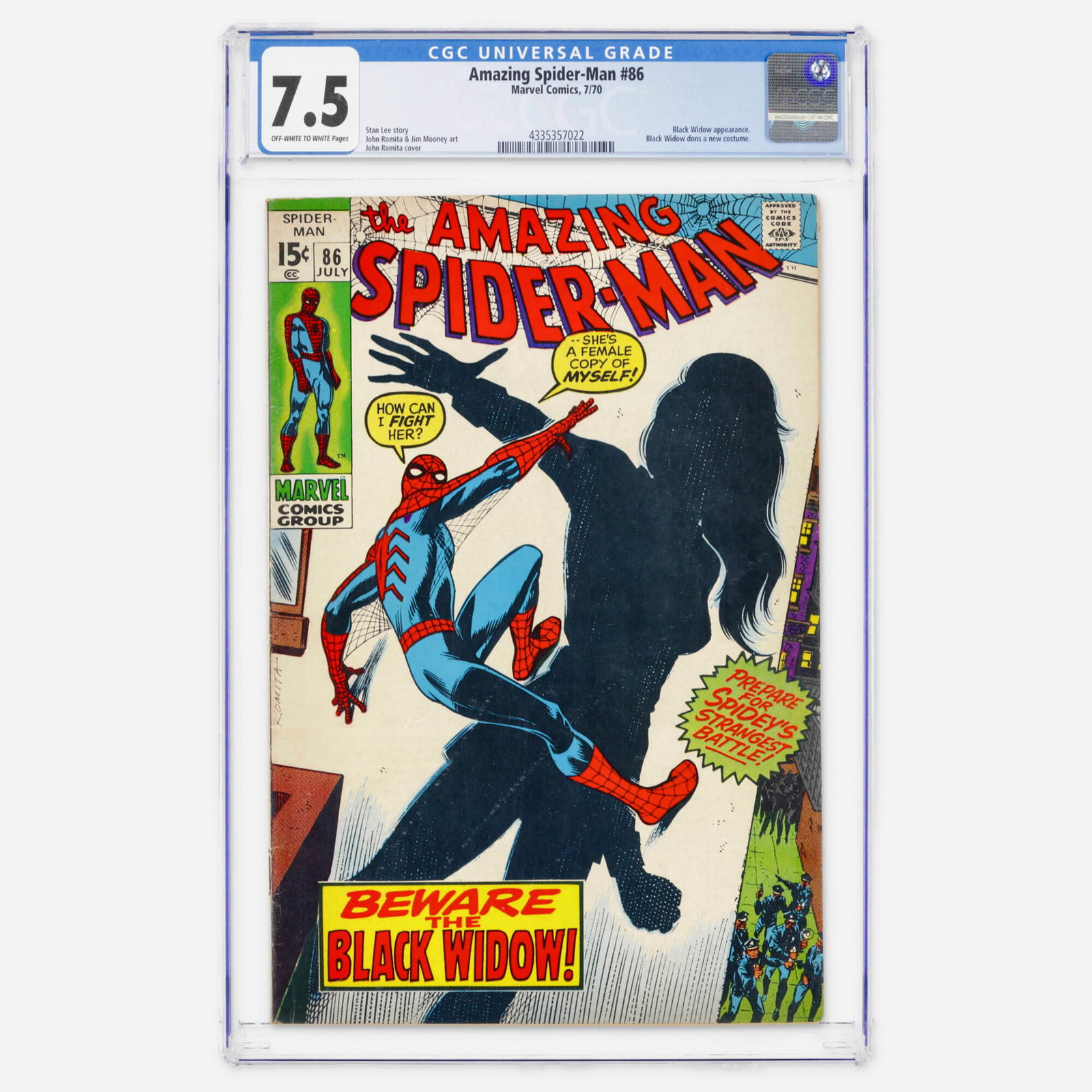 Marvel Comics Amazing Spider-Man #86 CGC 7.5: Marvel Comics Amazing Spider-Man #86 CGC 7.5 USA, 1970 A classic Bronze Age appearance of the Black Widow in her new suit. The book features the artwork and cover of John Romita with a story by Stan L