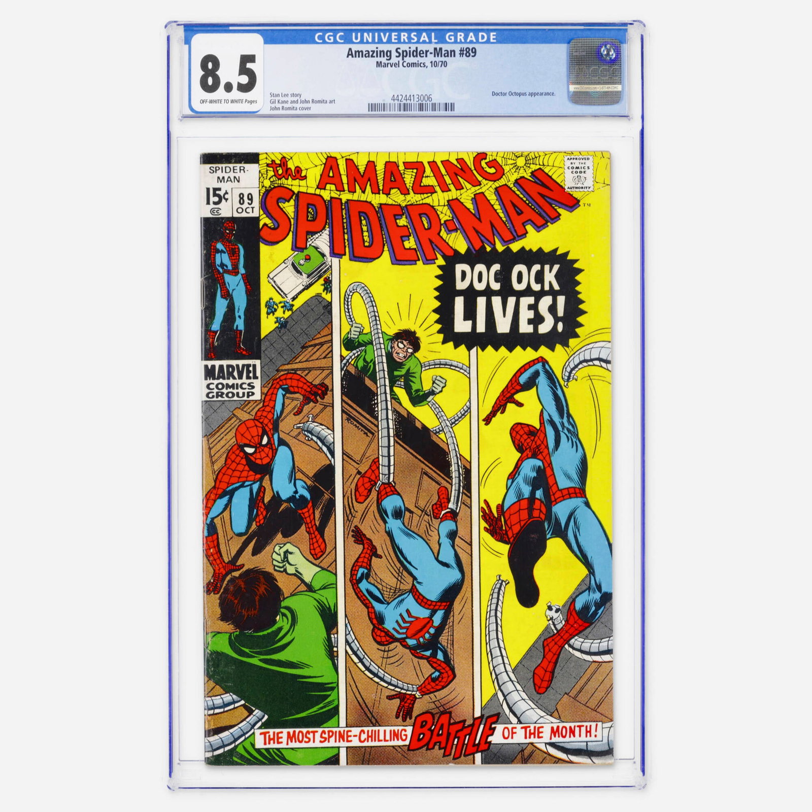 Marvel Comics Amazing Spider-Man #89 CGC 8.5: Marvel Comics Amazing Spider-Man #89 CGC 8.5 USA, 1970 This Bronze Age issue features a battle with Doctor Octopus. Written by Stan Lee, the art was provided by Gil Kane and John Romita. CGC#: 4424