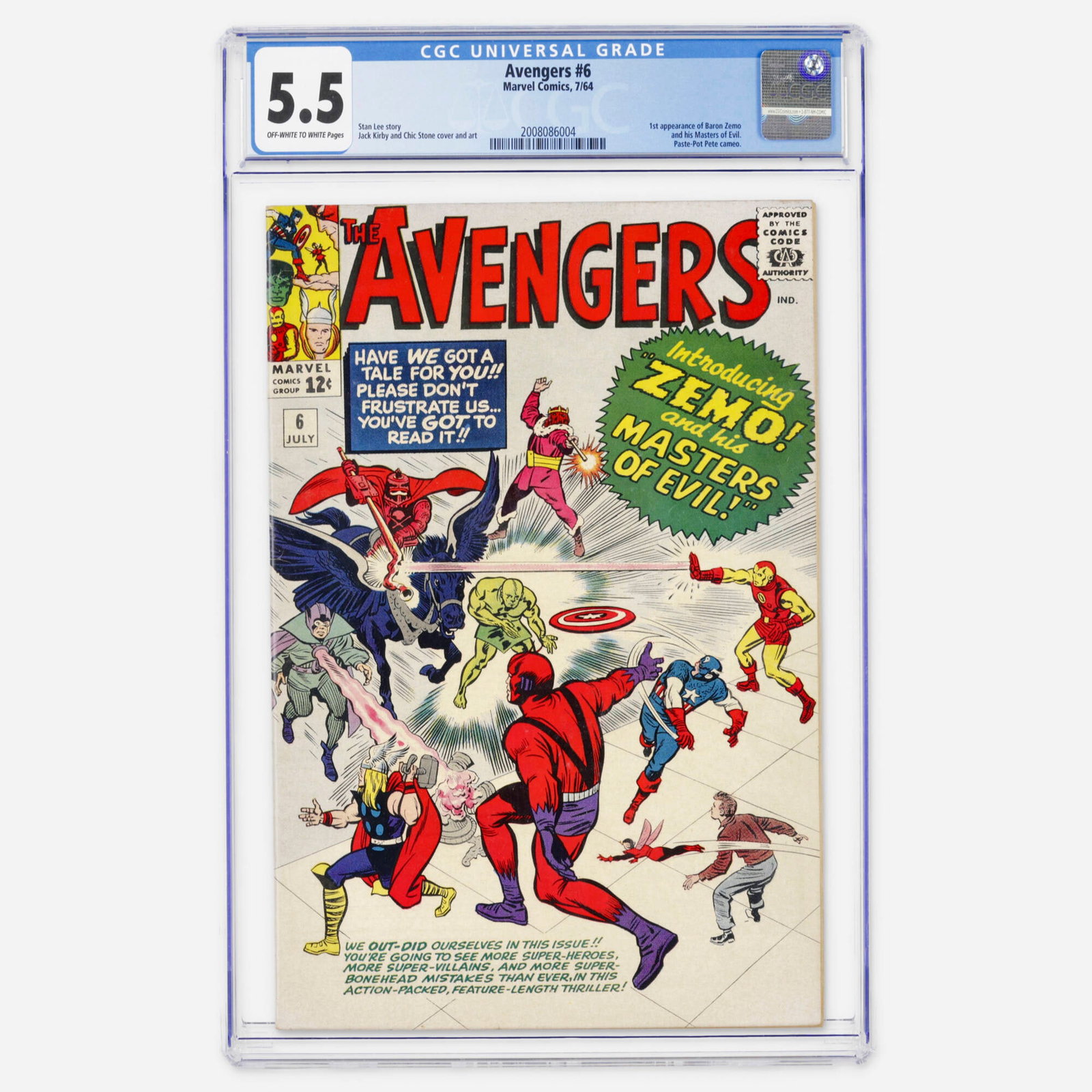 Marvel Comics Avengers #6 CGC 5.5: Marvel Comics Avengers #6 CGC 5.5 USA, 1964 This Silver Age issue features the first appearance of Baron Zemo and his Masters of Evil. The story is by Stan Lee with art by Jack Kirby and Chic Stone. C