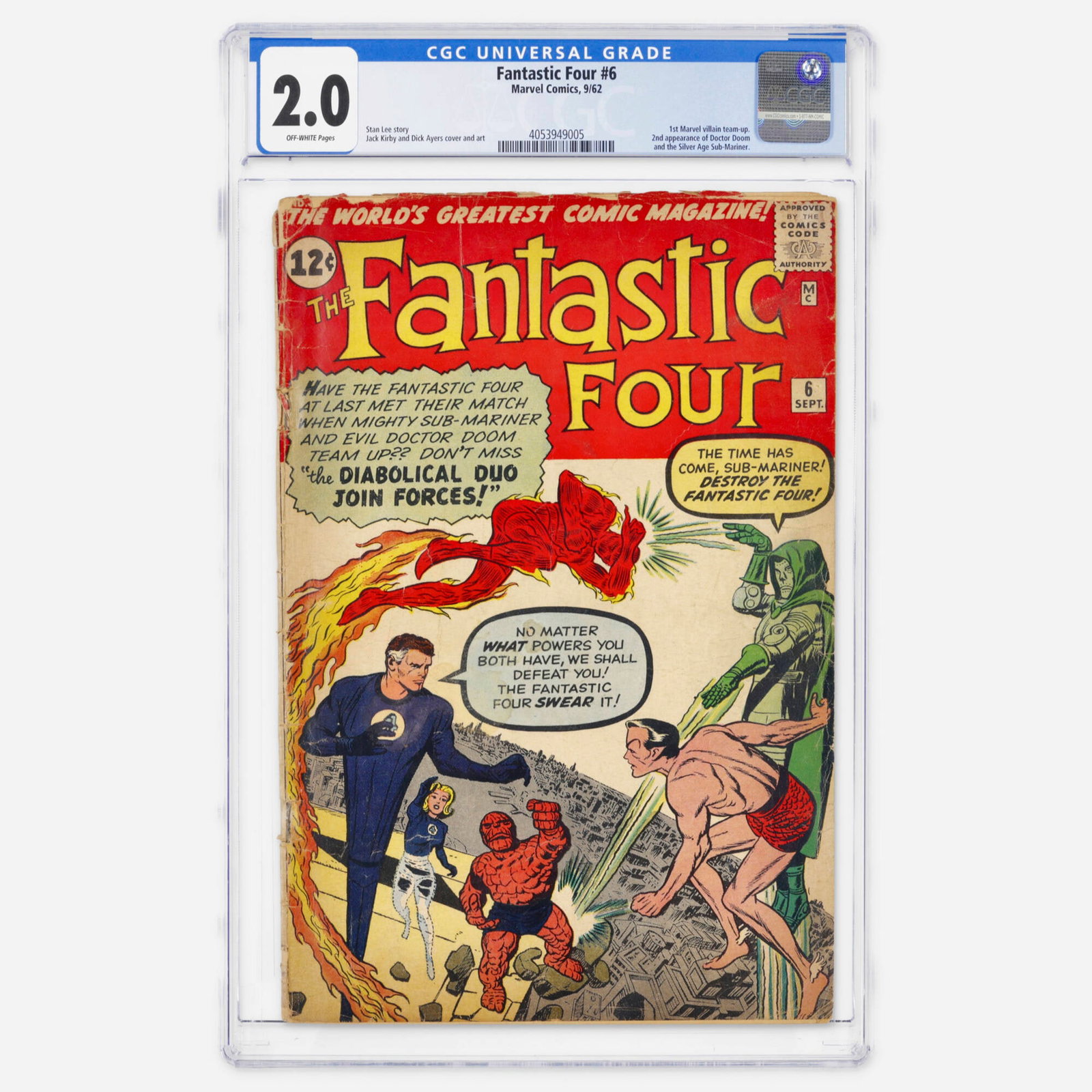 Marvel Comics Fantastic Four #6 CGC 2.0: Marvel Comics Fantastic Four #6 CGC 2.0 USA, 1962 A historic Silver Age issue marking the first Marvel villain team-up. It features the second appearances of both Doctor Doom and the Sub-Mariner, writ