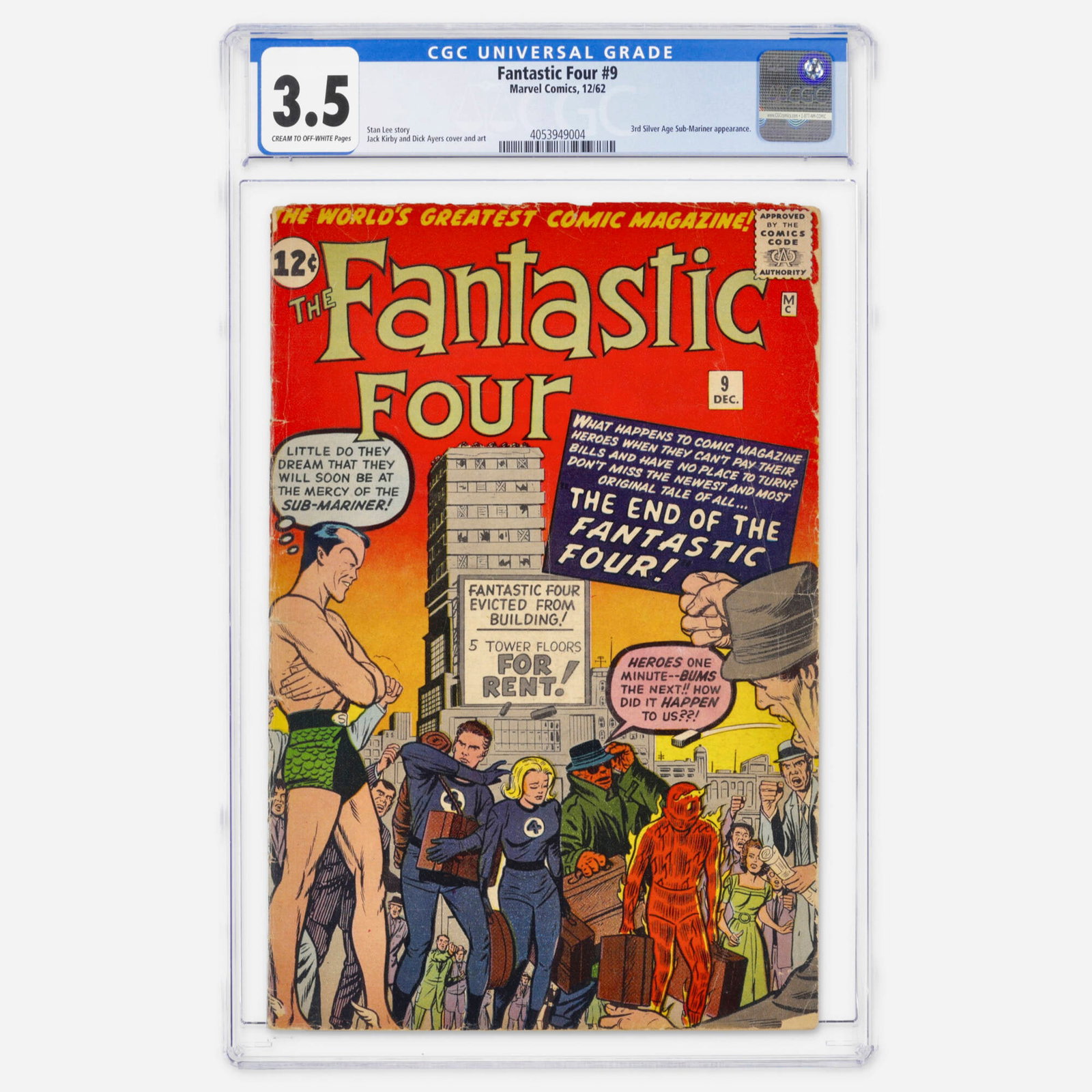 Marvel Comics Fantastic Four #9 CGC 3.5: Marvel Comics Fantastic Four #9 CGC 3.5 USA, 1962 This early Silver Age entry features the third Silver Age appearance of the Sub-Mariner. The legendary duo of Stan Lee and Jack Kirby handled the stor