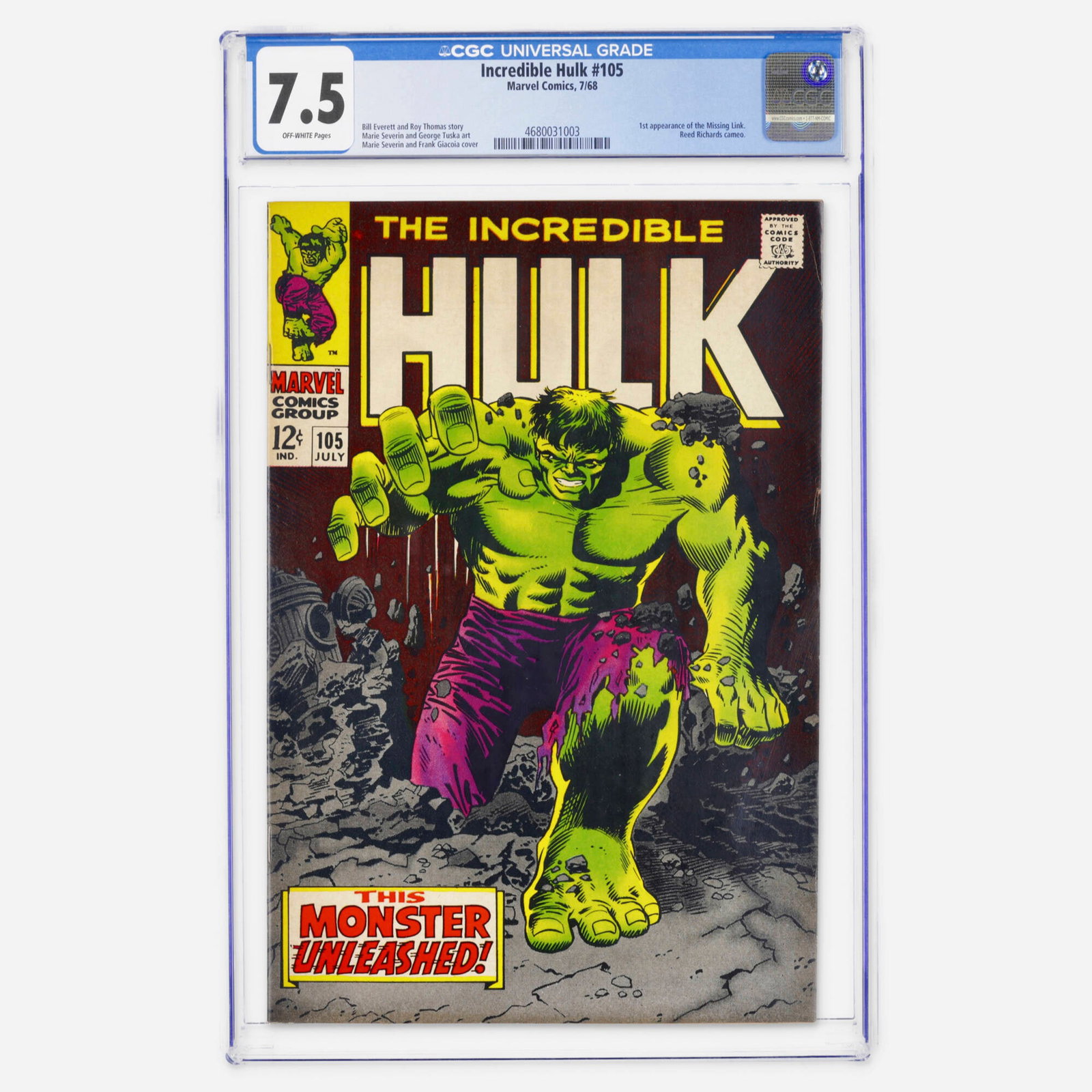 Marvel Comics Incredible Hulk #105 CGC 7.5: Marvel Comics Incredible Hulk #105 CGC 7.5 USA, 1968 This Silver Age key marks the first appearance of the Missing Link and includes a Reed Richards cameo. Creators include Bill Everett, Roy Thomas, M