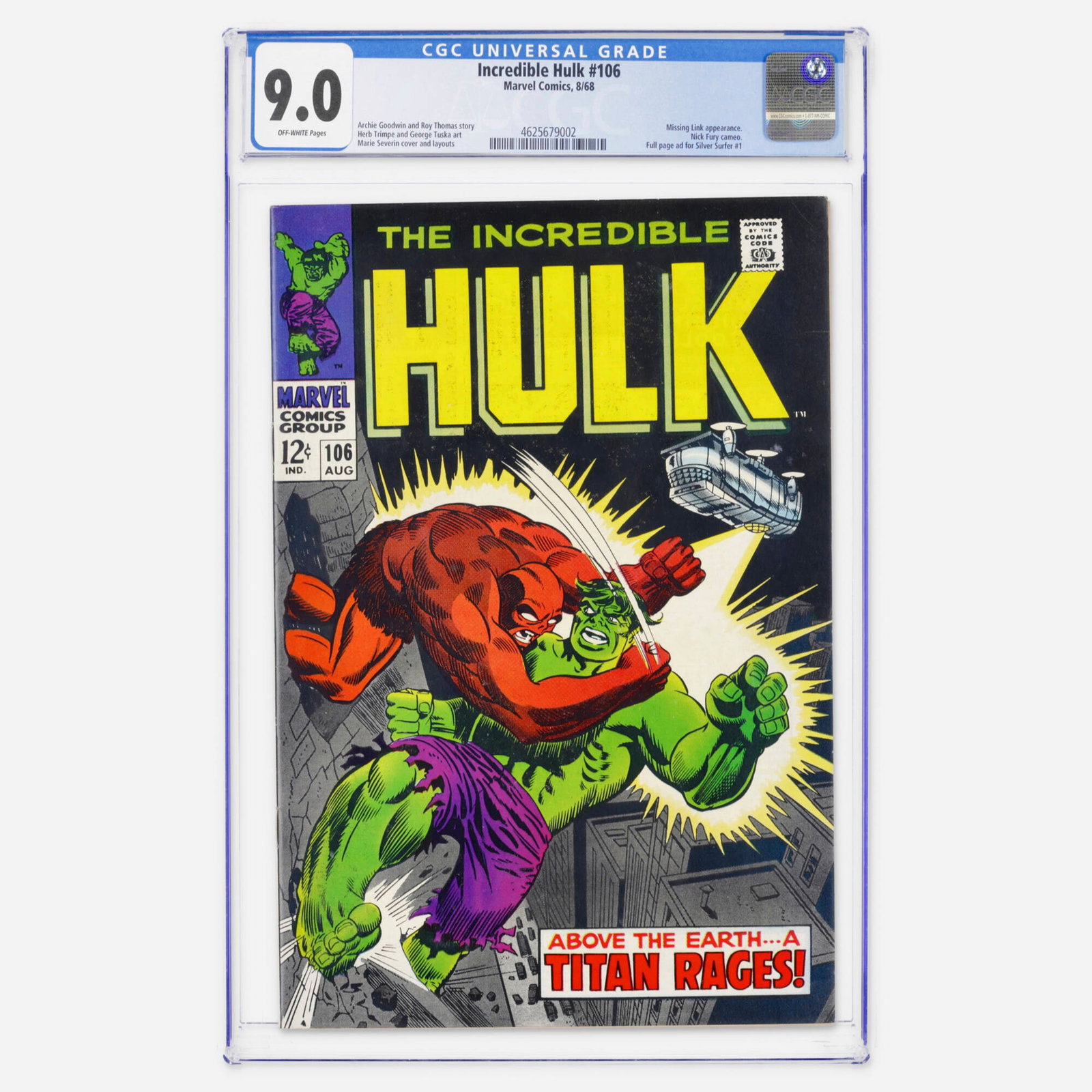 Marvel Comics Incredible Hulk #106 CGC 9.0 (1 of 2)
