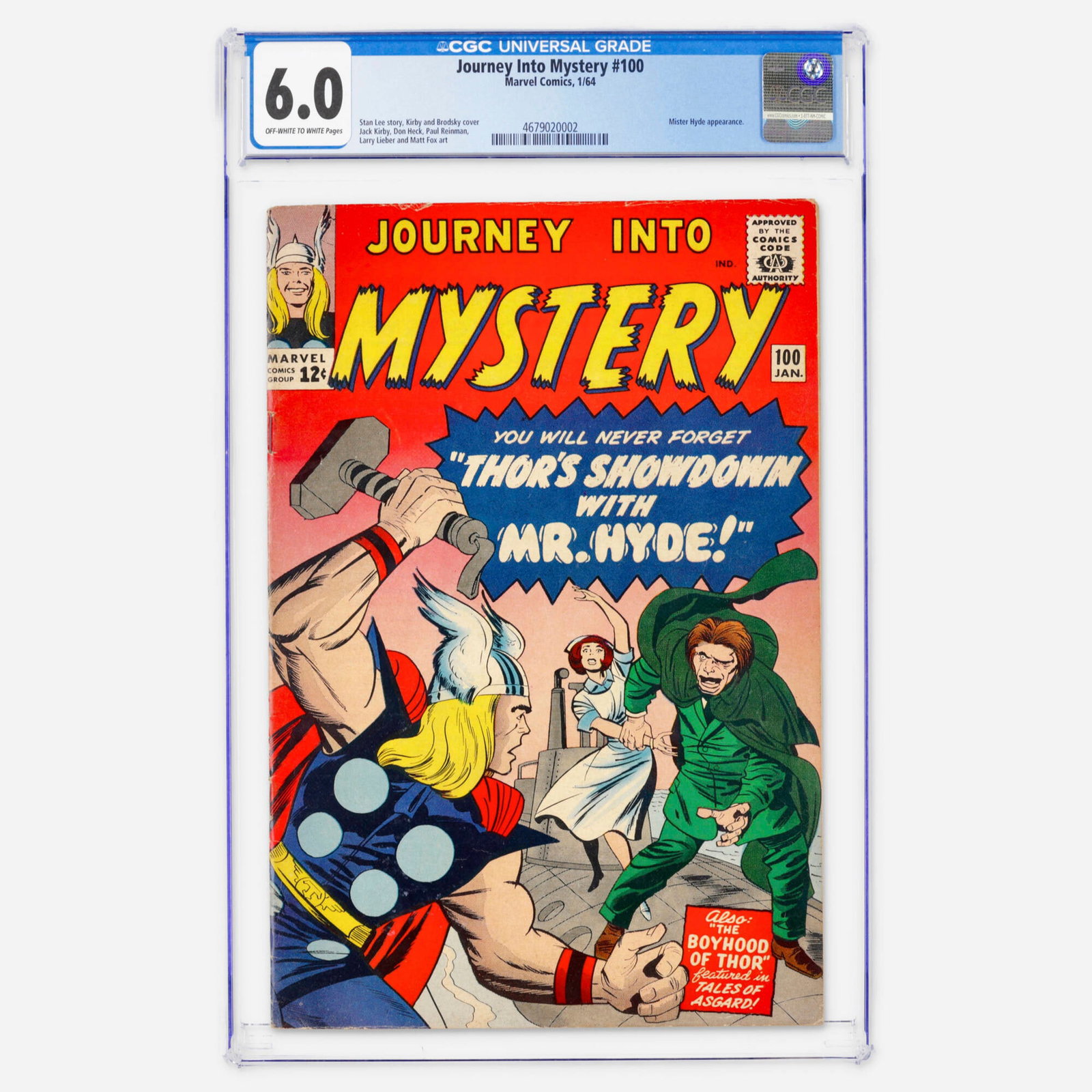 Marvel Comics Journey Into Mystery #100 CGC 6.0: Marvel Comics Journey Into Mystery #100 CGC 6.0 USA, 1964 A classic Silver Age Thor issue featuring an appearance by Mister Hyde. The book is packed with art by Jack Kirby, Don Heck, and Larry Lieber,