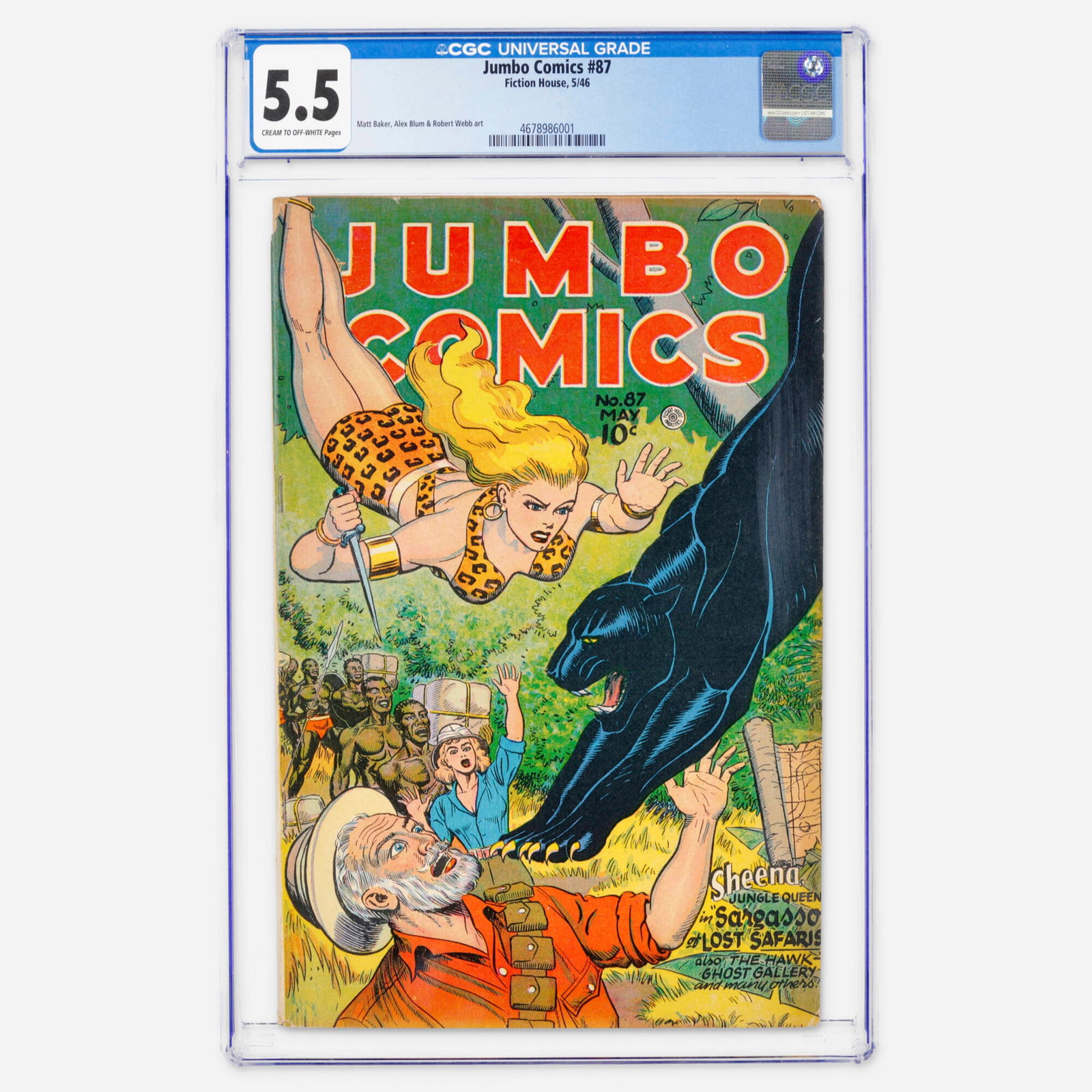 Fiction House Jumbo Comics #87 CGC 5.5: Fiction House Jumbo Comics #87 CGC 5.5 USA, 1946 A late Golden Age entry featuring Sheena, Queen of the Jungle. The artwork is handled by the legendary Matt Baker along with Alex Blum and Robert Webb.