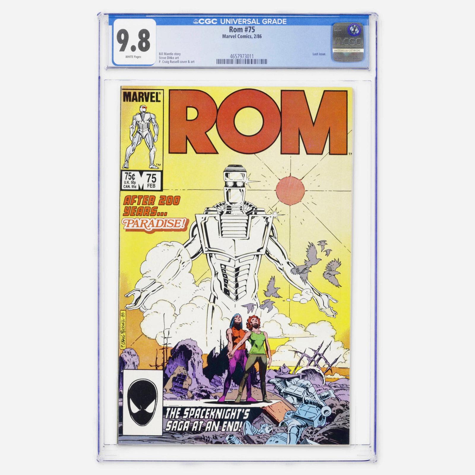 Marvel Comics Rom #75 CGC 9.8: Marvel Comics Rom #75 CGC 9.8 USA, 1986 This Modern Age finale marks the last issue of the series with a script by Bill Mantlo. This copy represents a significant find, achieving the highest-known top