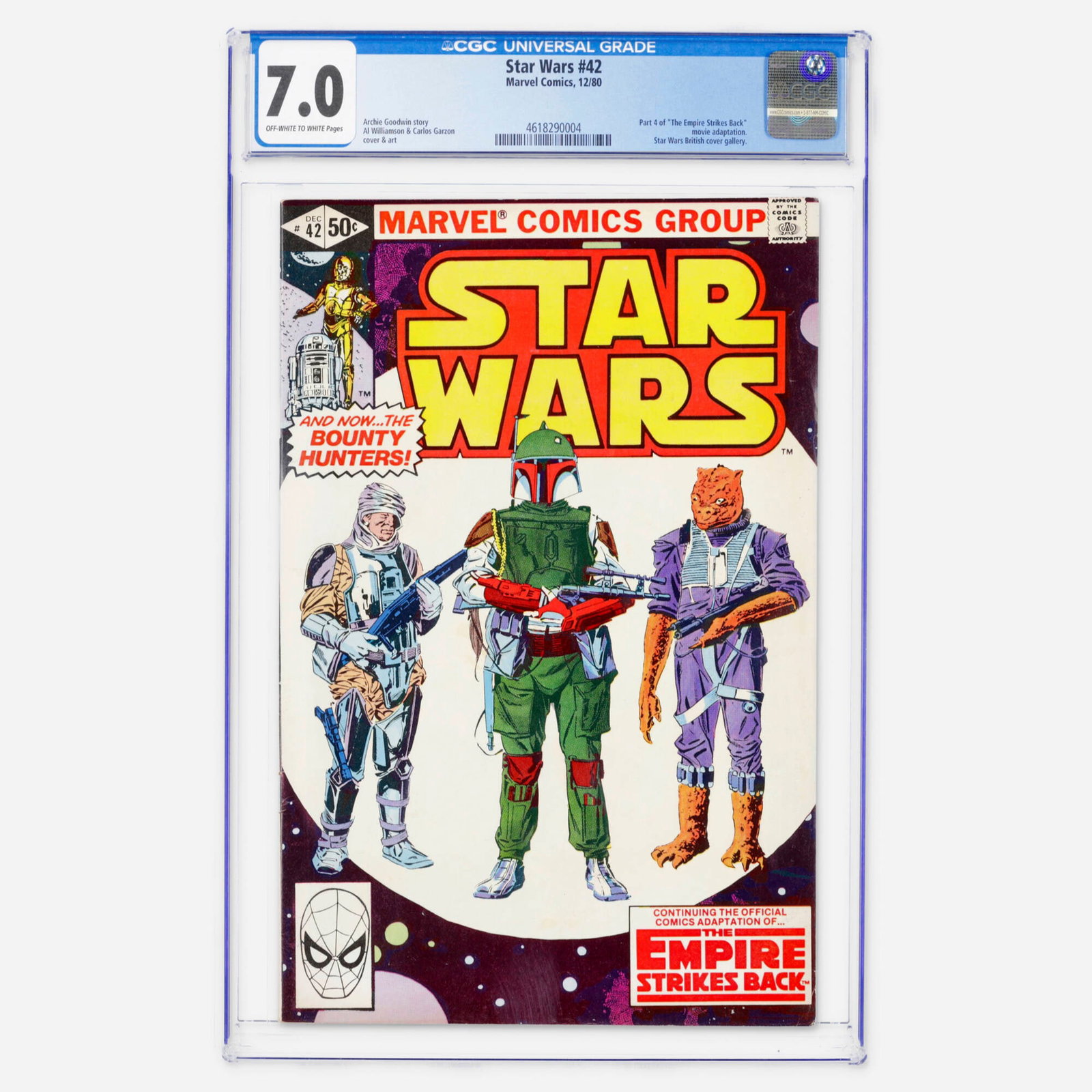 Marvel Comics Star Wars #42 CGC 7.0: Marvel Comics Star Wars #42 CGC 7.0 USA, 1980 This Bronze Age issue presents part four of The Empire Strikes Back movie adaptation. It features a story by Archie Goodwin with a cover and art by Al