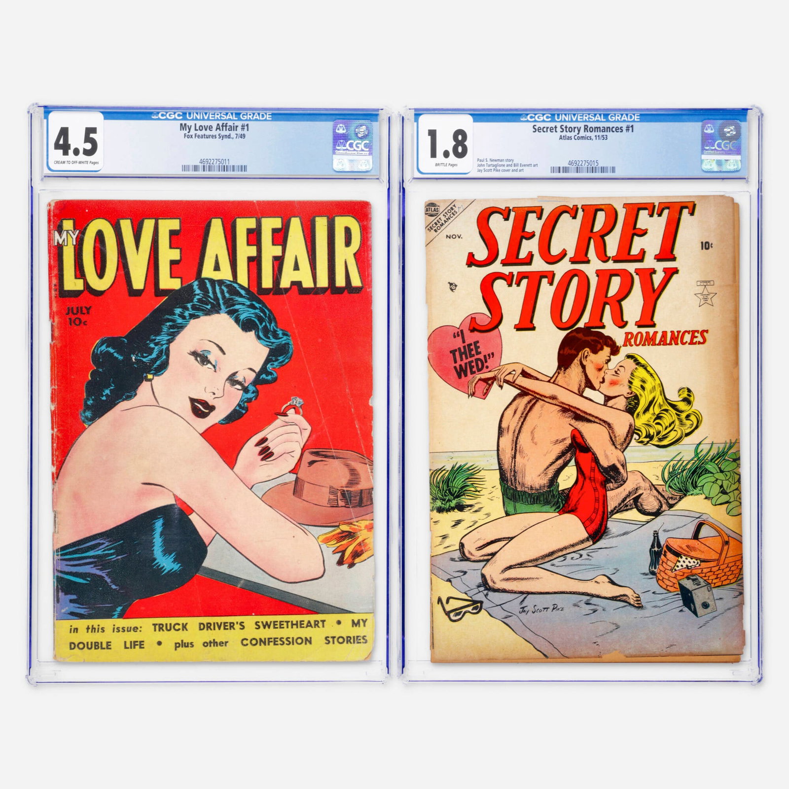 2 Atlas Comics and Fox Features Synd. Secret Story Romances #1 and My Love Affair #1 CGC Group: 2 Atlas Comics and Fox Features Synd. Secret Story Romances #1 and My Love Affair #1 CGC Group USA, 20th Century Atlas Comics Secret Story Romances #1 CGC 1.8 (11/53) CGC#: 4692275015<