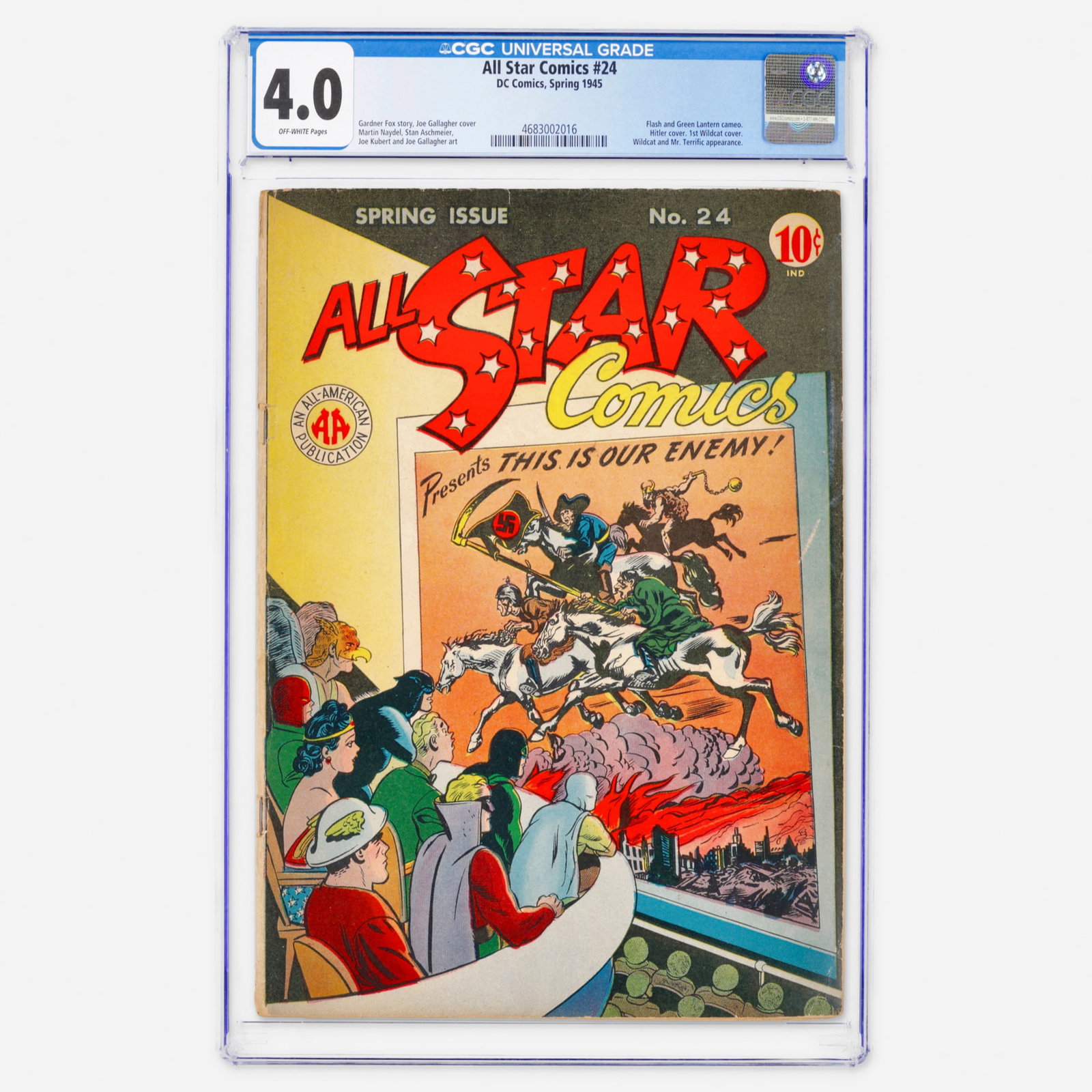 DC Comics All Star Comics #24 CGC 4.0: DC Comics All Star Comics #24 CGC 4.0 USA, 1945 This historic Golden Age book features a Hitler cover and the first Wildcat cover. It includes a Flash and Green Lantern cameo and a story by Gardner Fo