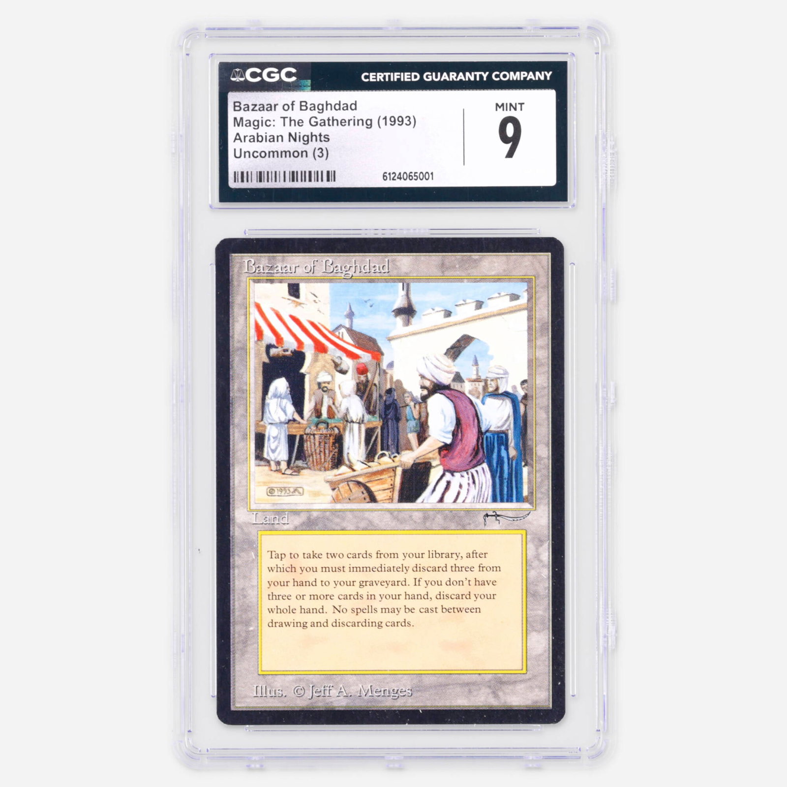 1993 Magic: The Gathering Arabian Nights Bazaar of Baghdad Uncommon (3) Trading Card CGC 9: 1993 Magic: The Gathering Arabian Nights Bazaar of Baghdad Uncommon (3) Trading Card CGC 9 USA 1993 CGC#: 6124065001 Population: 12 In 9, 1 Higher