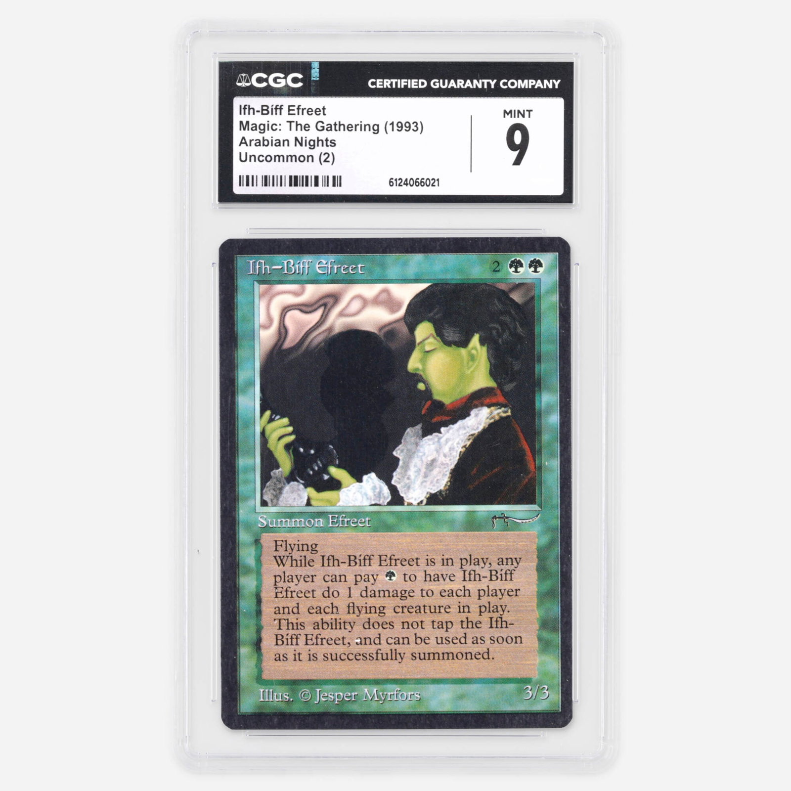 1993 Magic: The Gathering Arabian Nights Ifh-Biff Efreet Uncommon (2) Trading Card CGC 9: 1993 Magic: The Gathering Arabian Nights Ifh-Biff Efreet Uncommon (2) Trading Card CGC 9 USA 1993 CGC#: 6124066021 Population: 24 In 9, 4 Higher